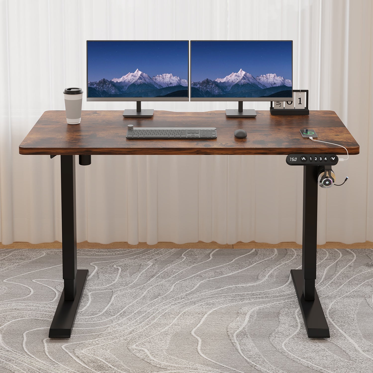 Radlove 48" x 24" Electric Standing Desks, Height Adjustable Office Tables with Splice Board and A Under Desk Cable Management Tray with Wheels, Brown or Oak