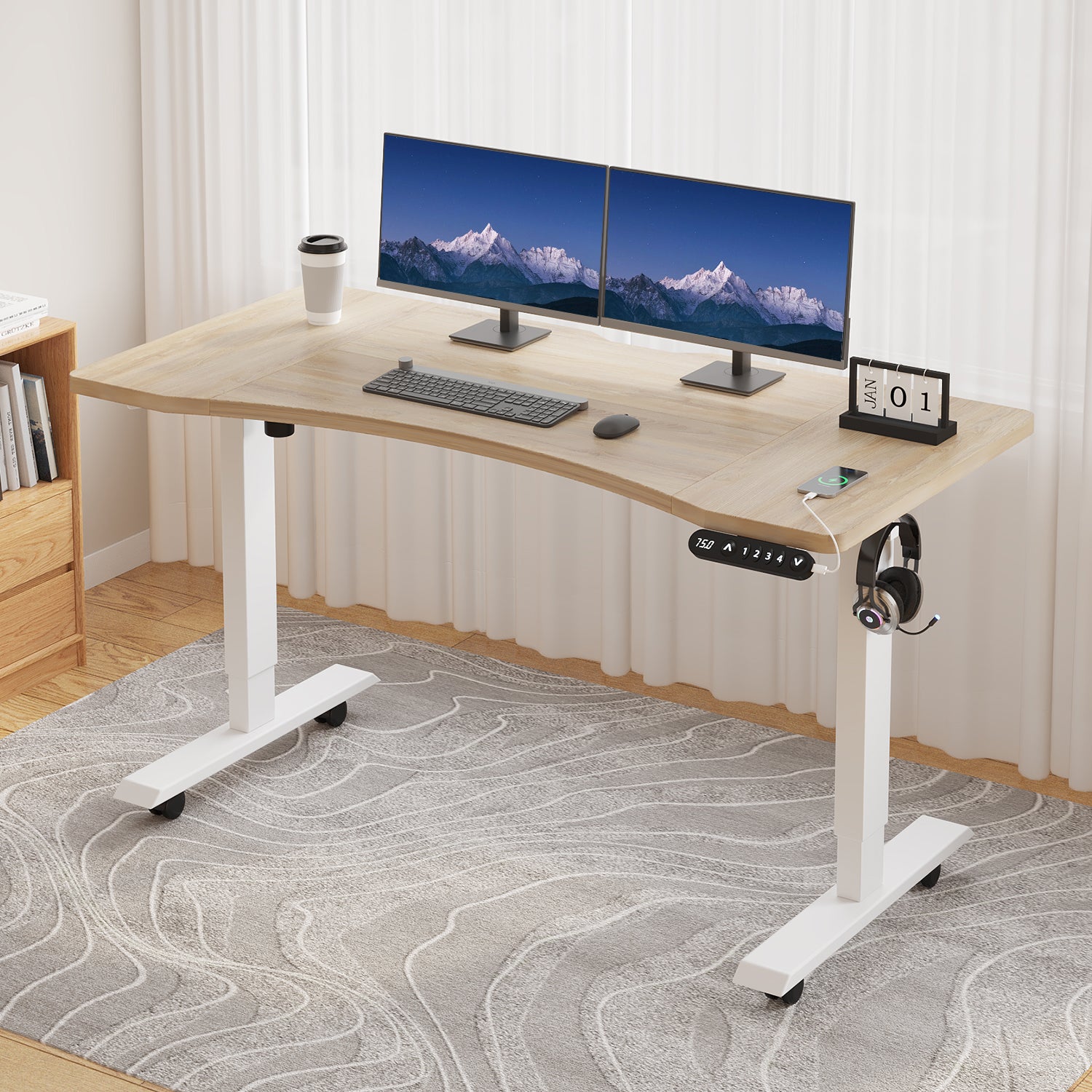 Radlove 55"x 30" Standing Desk Electric Height Adjustable Office Tables for Work Benches with Wheels, Oak or Brown