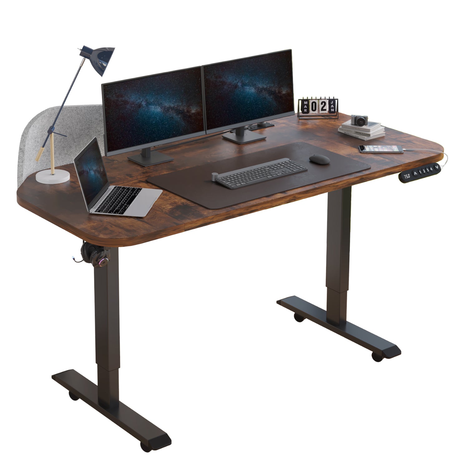 Radlove Electric Standing Desk with Power Strip & Privacy Screen(Gray), 63 Inch Workstation, Large Mouse Pad & 4-Preset Memory Buttons, Quiet Adjustable Desk for Dual Monitors
