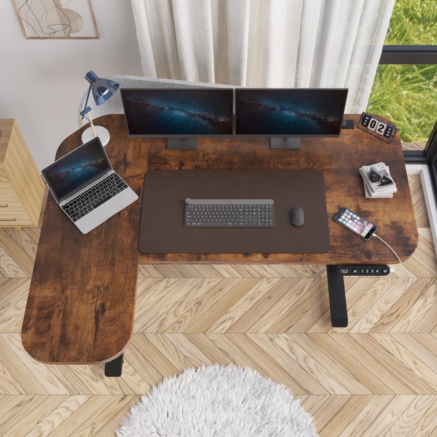 Radlove L-Shaped Electric Standing Desk with Power Strip & Privacy Screen(Gray), 59 Inch Workstation, Large Mouse Pad & 4-Preset Memory Buttons, Quiet Adjustable Desk for Dual Monitors(Rustic Brown)
