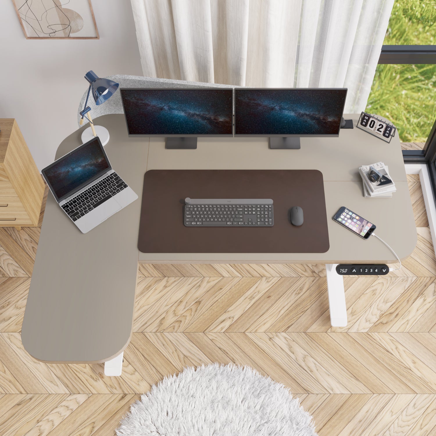 Radlove L-Shaped Electric Standing Desk with Power Strip & Privacy Screen(Gray), 59 Inch Workstation, Large Mouse Pad & 4-Preset Memory Buttons, Quiet Adjustable Desk for Dual Monitors(Rustic Brown)