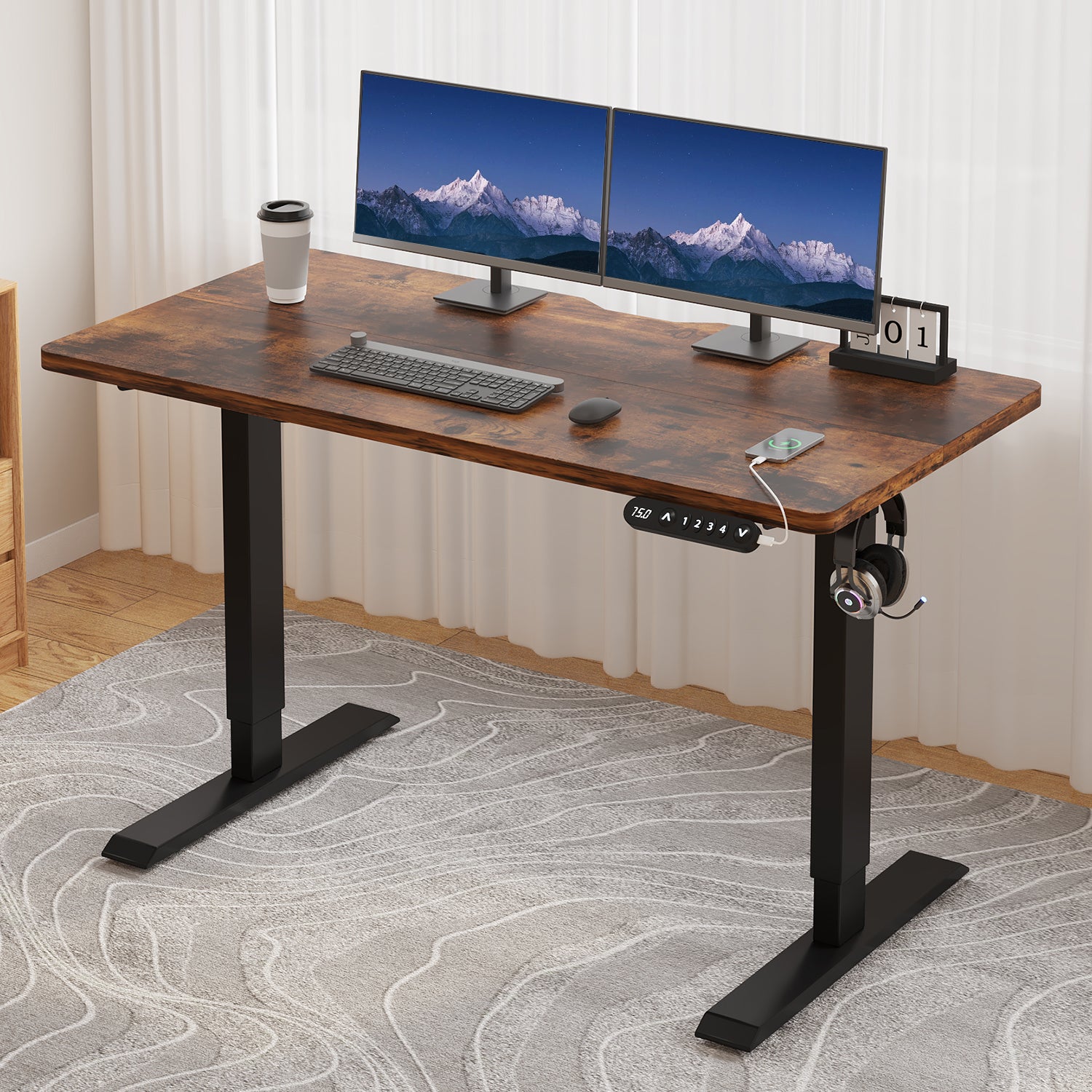 Radlove 48" x 24" Electric Standing Desks, Height Adjustable Office Tables with Splice Board and A Under Desk Cable Management Tray with Wheels, Brown or Oak