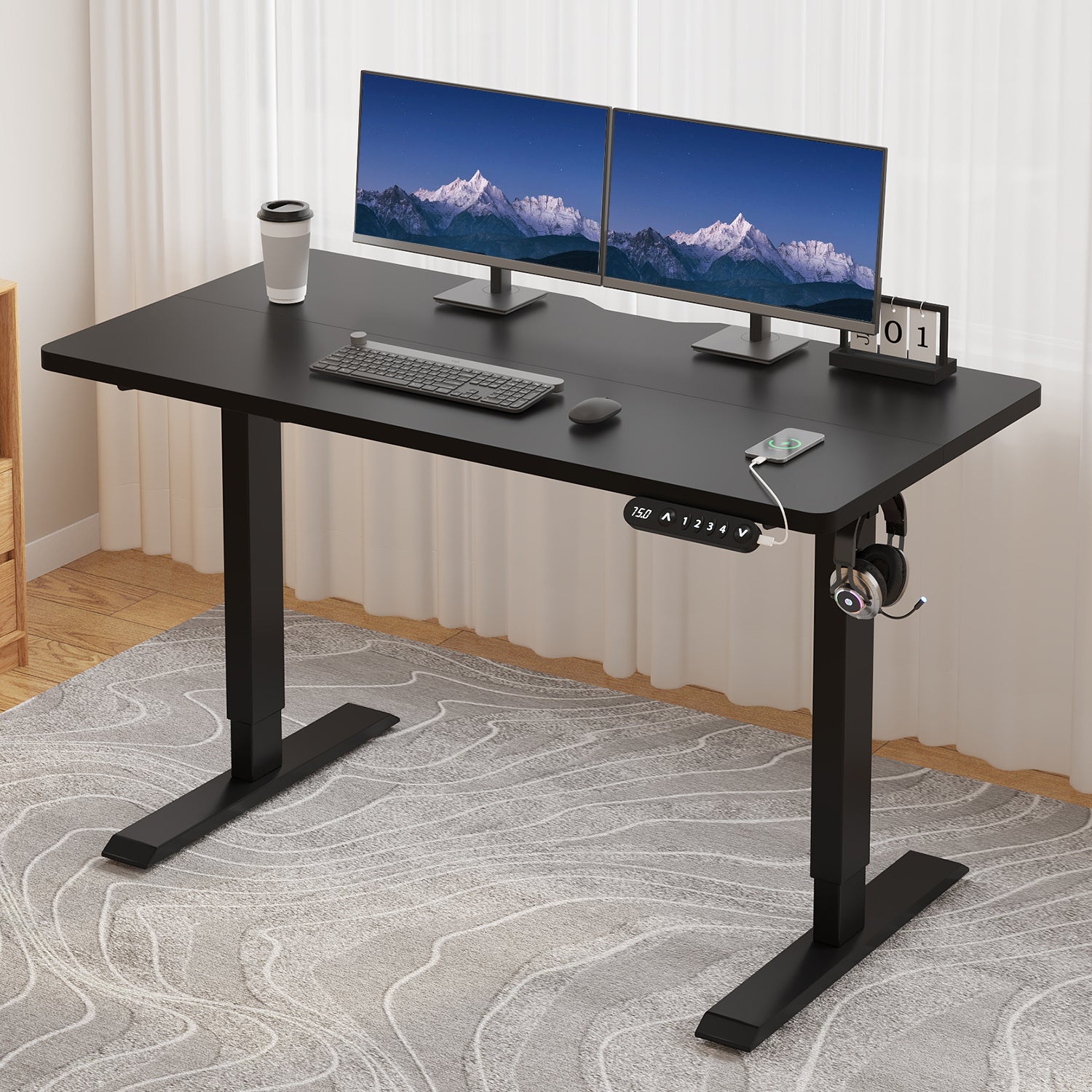Radlove 48" x 24" Electric Standing Desks, Height Adjustable Office Tables with Splice Board and A Under Desk Cable Management Tray with Wheels, Brown or Oak