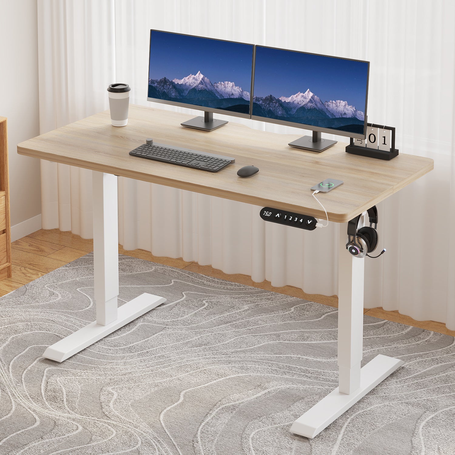 Radlove 48" x 24" Electric Standing Desks, Height Adjustable Office Tables with Splice Board and A Under Desk Cable Management Tray with Wheels, Brown or Oak