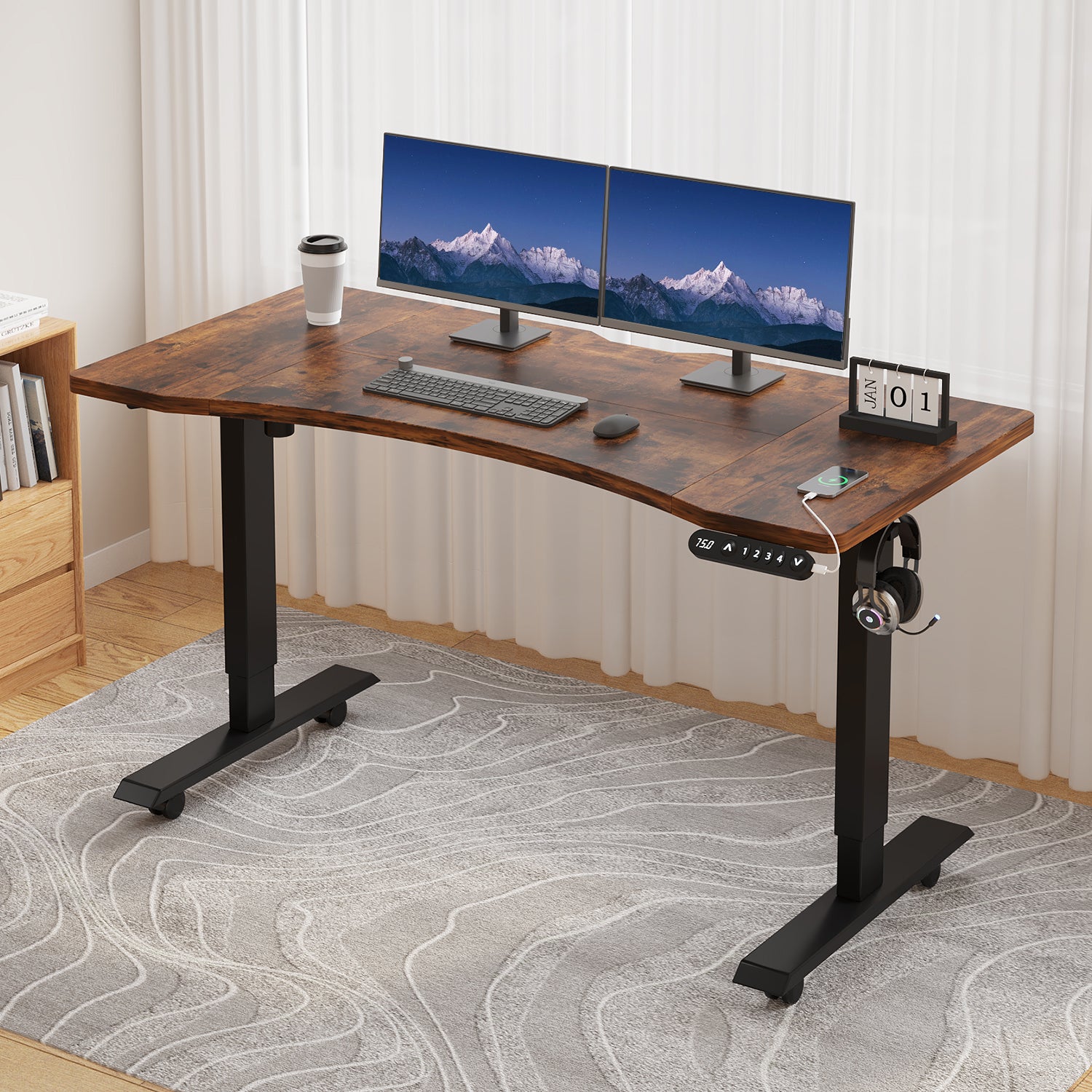 Radlove 55"x 30" Standing Desk Electric Height Adjustable Office Tables for Work Benches with Wheels, Oak or Brown