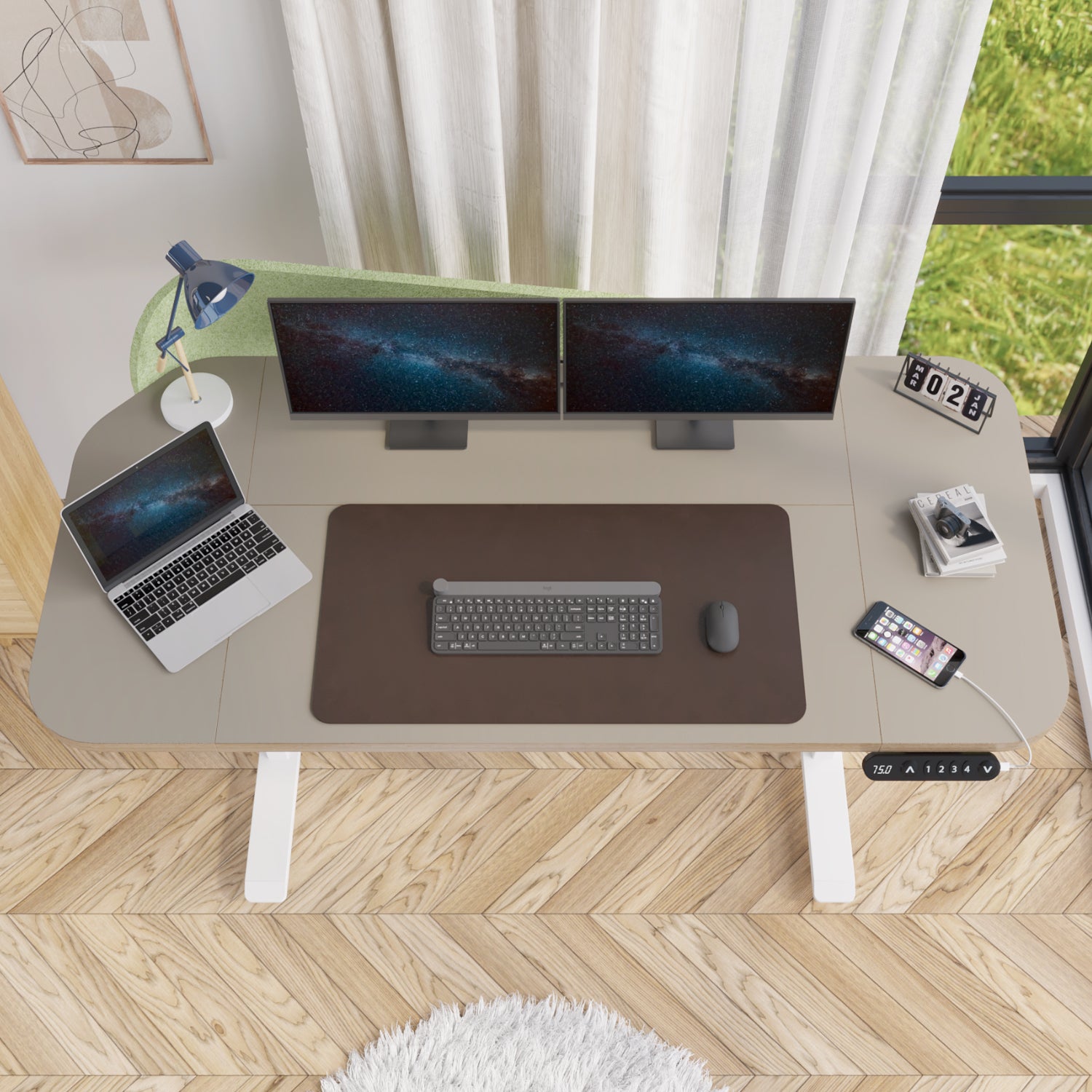 Radlove Electric Standing Desk with Power Strip & Privacy Screen(Gray), 63 Inch Workstation, Large Mouse Pad & 4-Preset Memory Buttons, Quiet Adjustable Desk for Dual Monitors