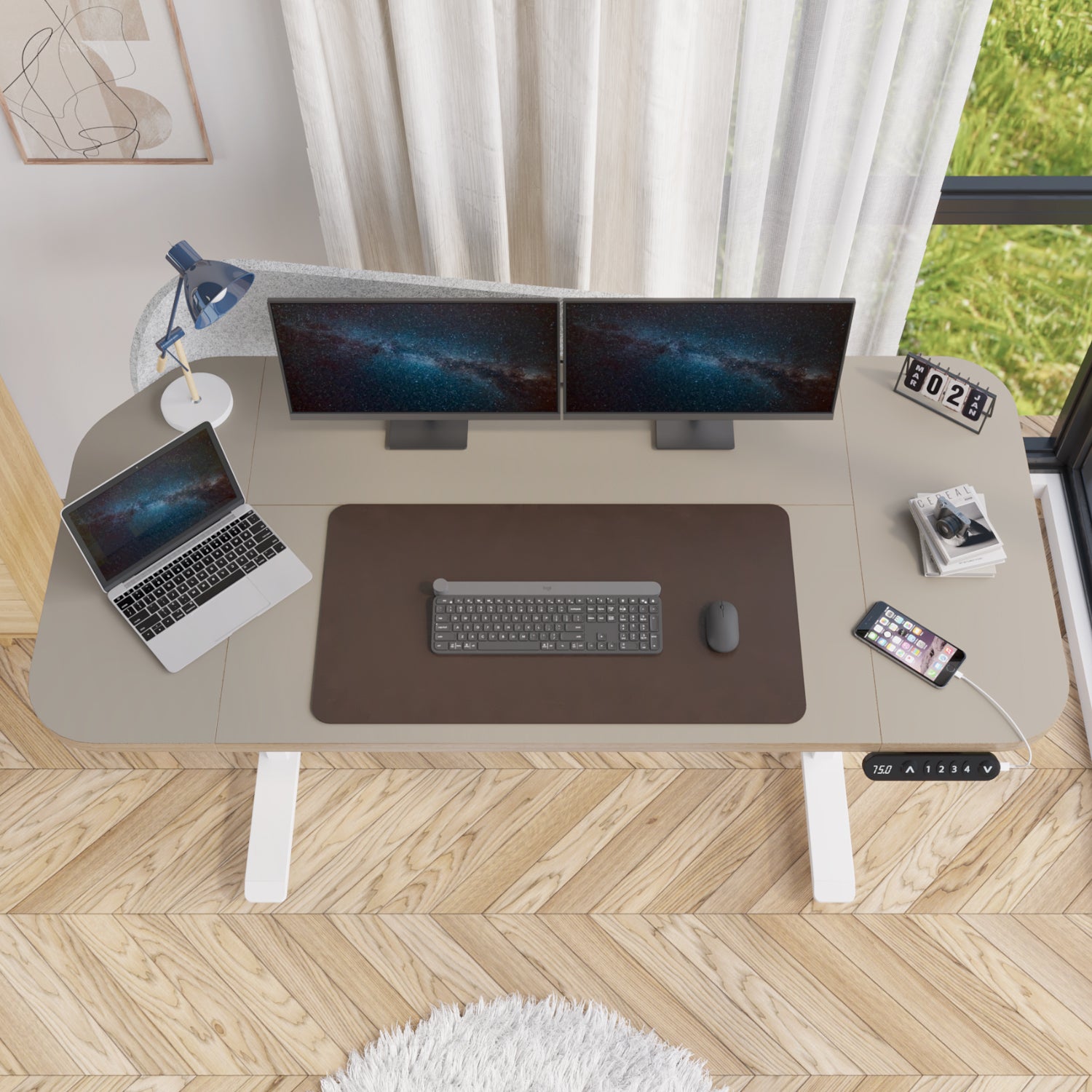 Radlove Electric Standing Desk with Power Strip & Privacy Screen(Gray), 63 Inch Workstation, Large Mouse Pad & 4-Preset Memory Buttons, Quiet Adjustable Desk for Dual Monitors