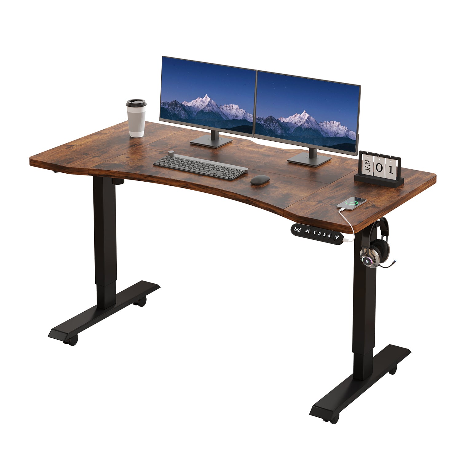 Radlove 55"x 30" Standing Desk Electric Height Adjustable Office Tables for Work Benches with Wheels, Oak or Brown