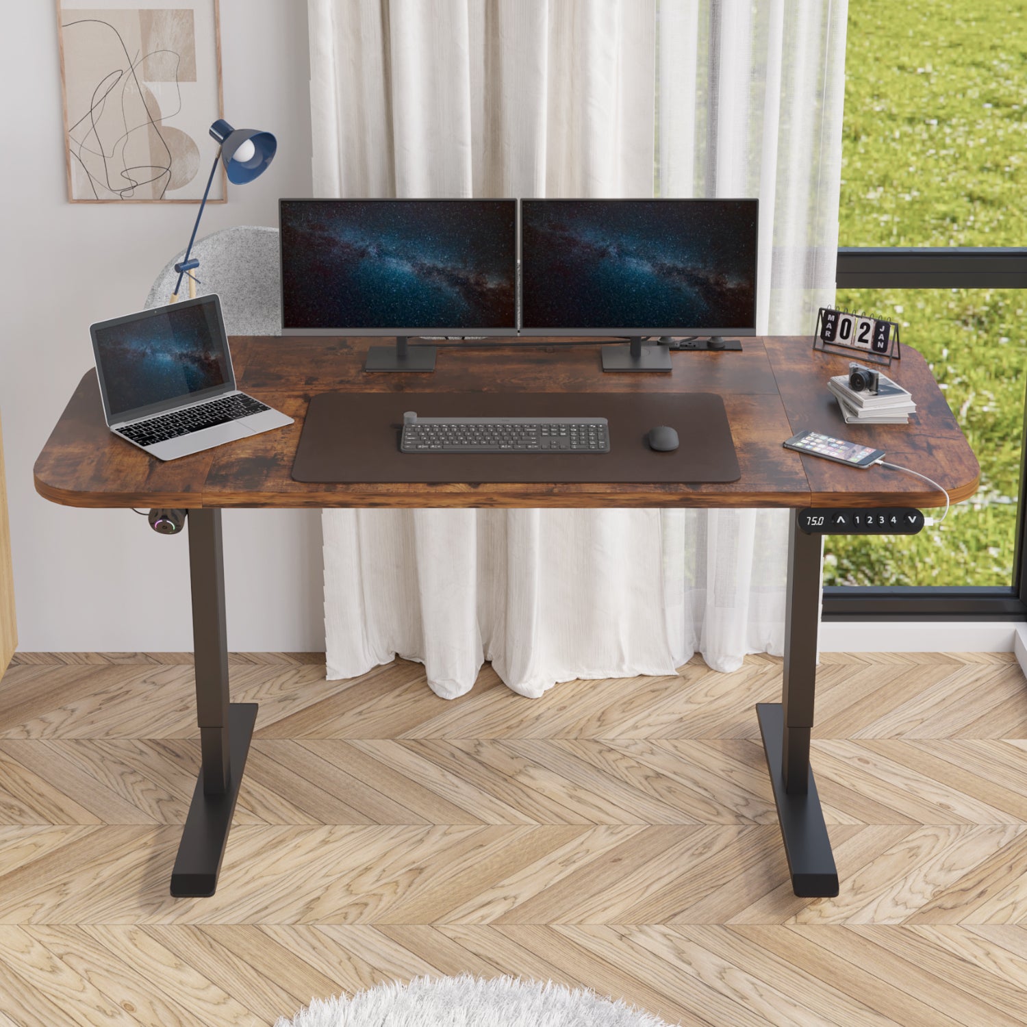 Radlove Electric Standing Desk with Power Strip & Privacy Screen(Gray), 63 Inch Workstation, Large Mouse Pad & 4-Preset Memory Buttons, Quiet Adjustable Desk for Dual Monitors