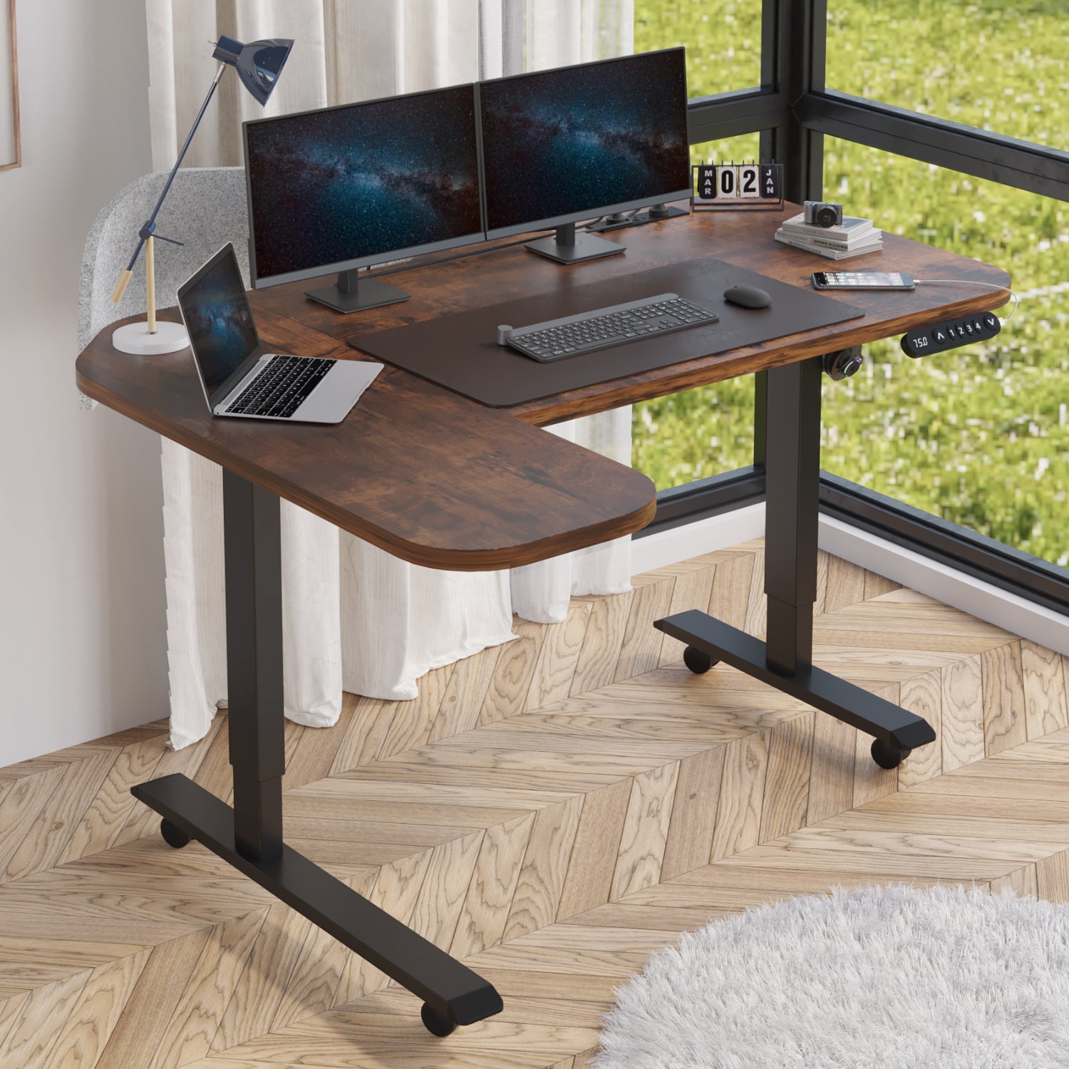 Radlove L-Shaped Electric Standing Desk with Power Strip & Privacy Screen(Gray), 59 Inch Workstation, Large Mouse Pad & 4-Preset Memory Buttons, Quiet Adjustable Desk for Dual Monitors(Rustic Brown)
