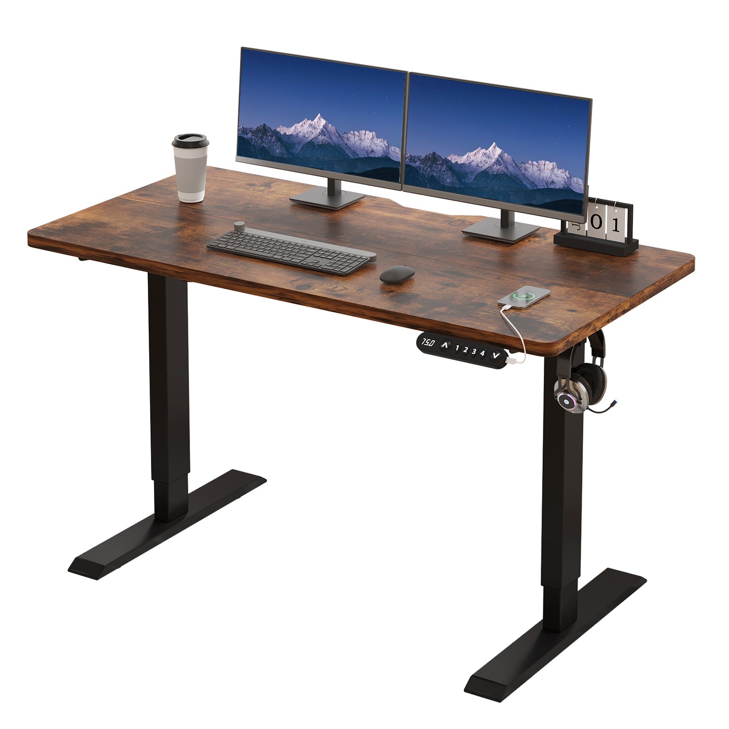 Radlove 48" x 24" Electric Standing Desks, Height Adjustable Office Tables with Splice Board and A Under Desk Cable Management Tray with Wheels, Brown or Oak