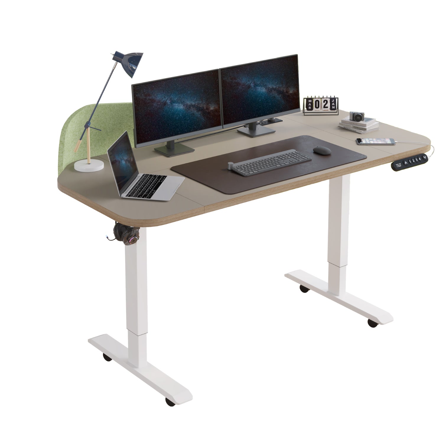 Radlove Electric Standing Desk with Power Strip & Privacy Screen(Gray), 63 Inch Workstation, Large Mouse Pad & 4-Preset Memory Buttons, Quiet Adjustable Desk for Dual Monitors
