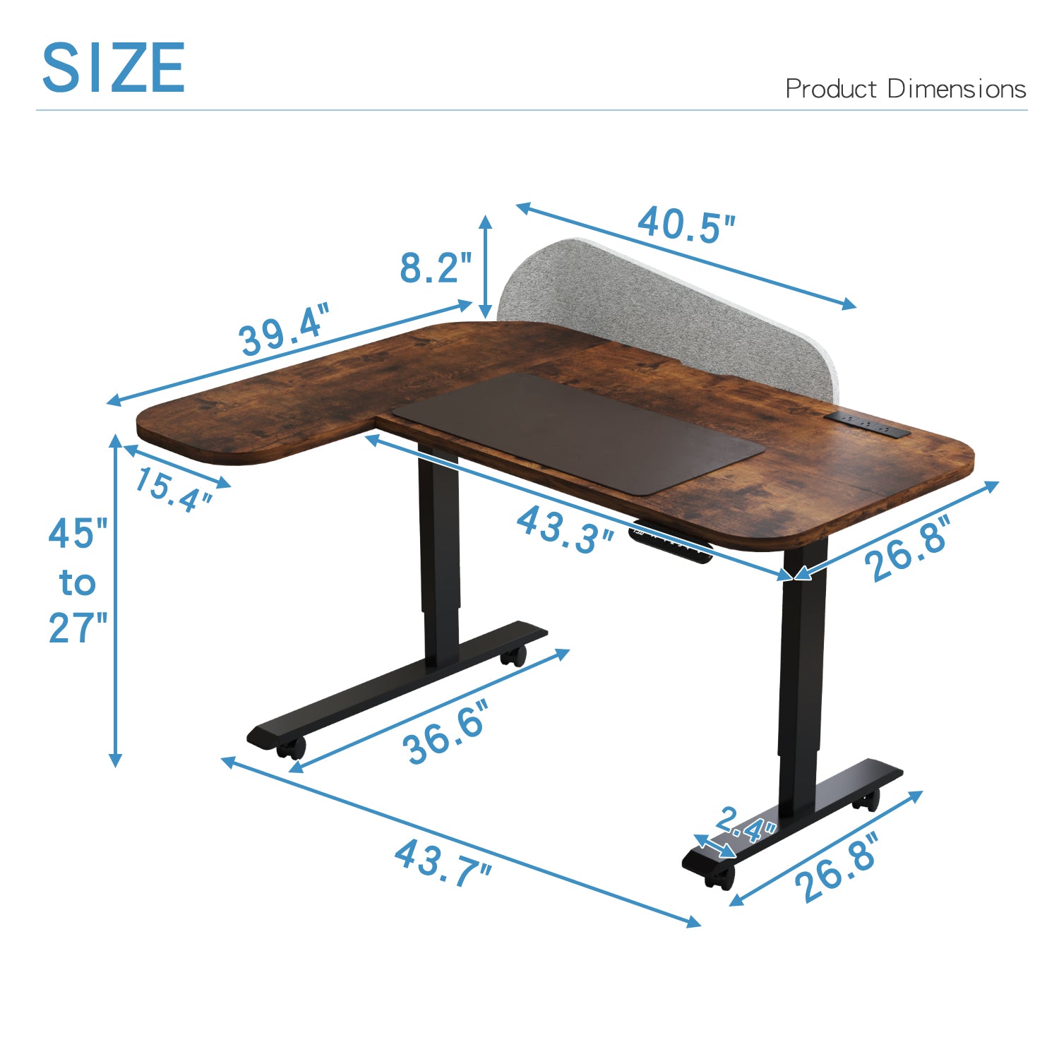 Radlove L-Shaped Electric Standing Desk with Power Strip & Privacy Screen(Gray), 59 Inch Workstation, Large Mouse Pad & 4-Preset Memory Buttons, Quiet Adjustable Desk for Dual Monitors(Rustic Brown)