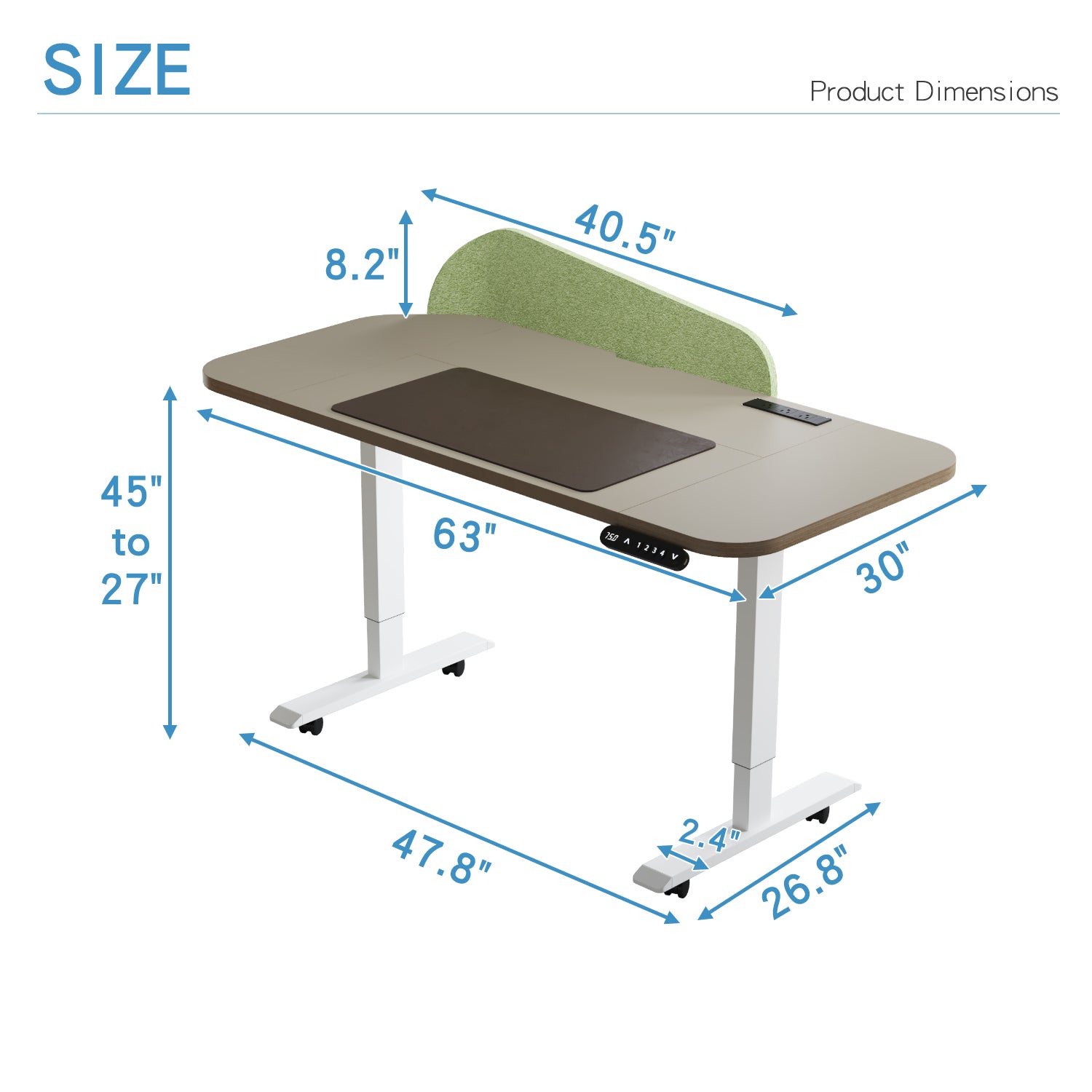 Radlove Electric Standing Desk with Power Strip & Privacy Screen(Gray), 63 Inch Workstation, Large Mouse Pad & 4-Preset Memory Buttons, Quiet Adjustable Desk for Dual Monitors