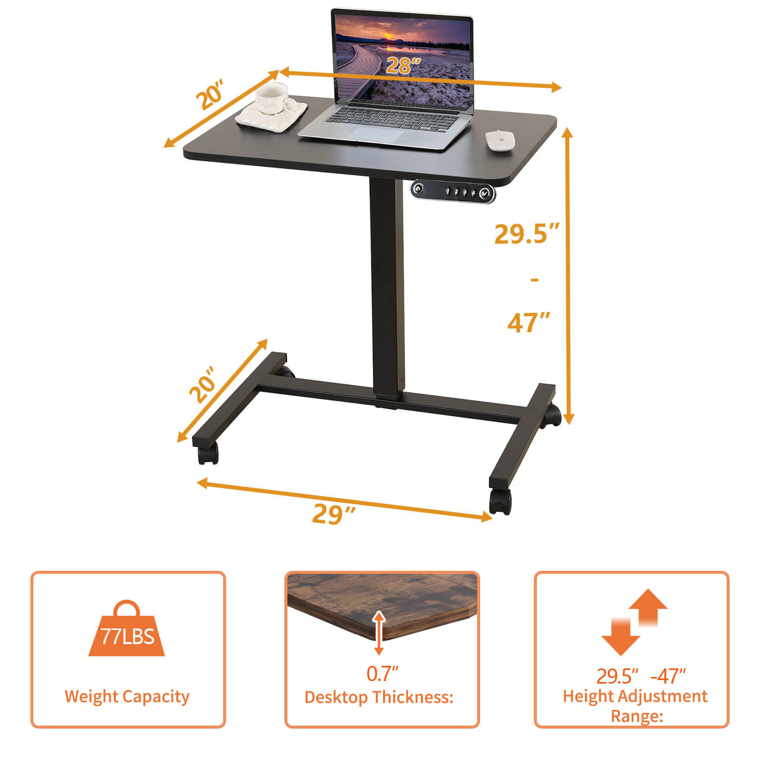 Radlove 32''x24'' Electric Height Adjustable Laptop Desk, Mobile Standing Desks with Wheels, White, Brown, Black