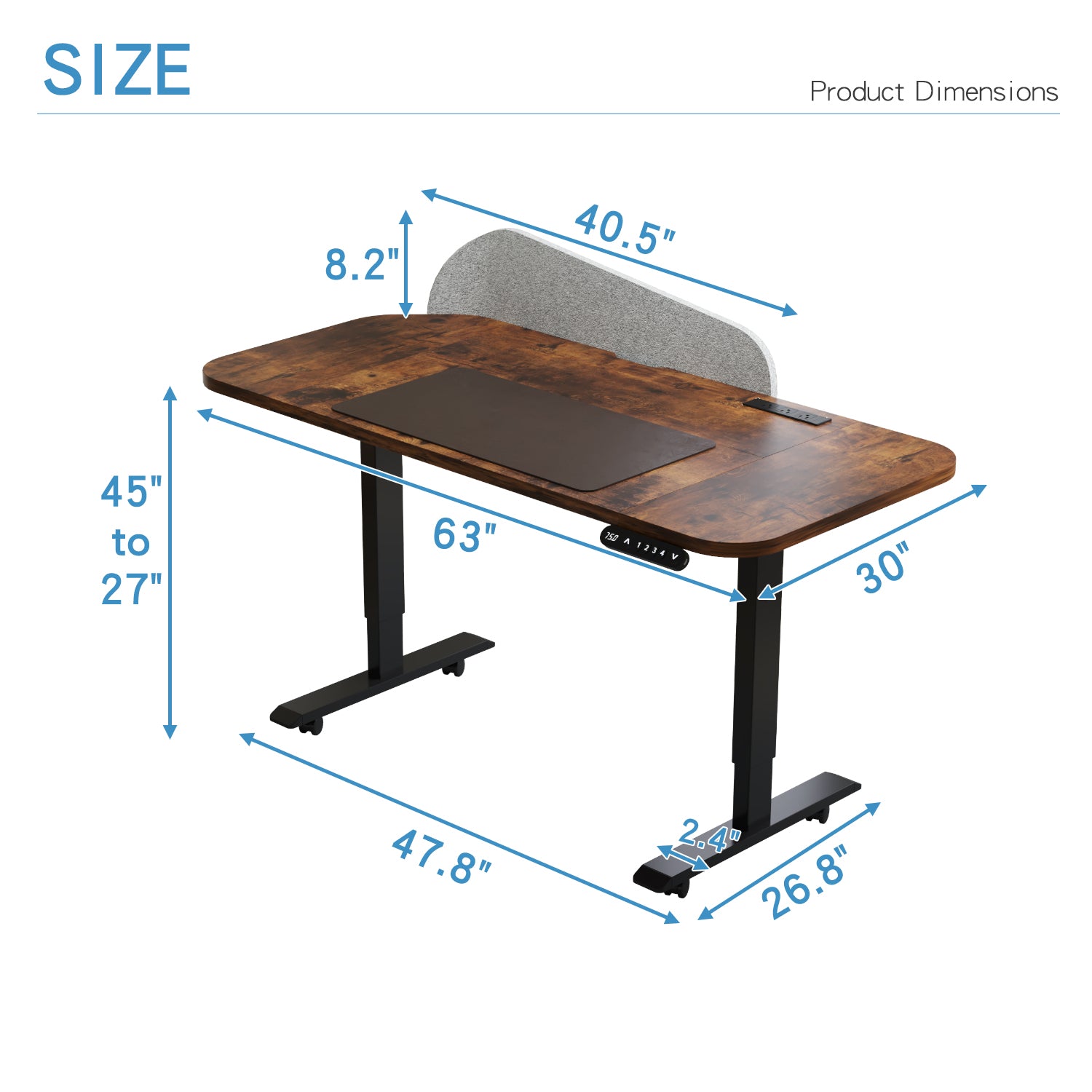 Radlove Electric Standing Desk with Power Strip & Privacy Screen(Gray), 63 Inch Workstation, Large Mouse Pad & 4-Preset Memory Buttons, Quiet Adjustable Desk for Dual Monitors