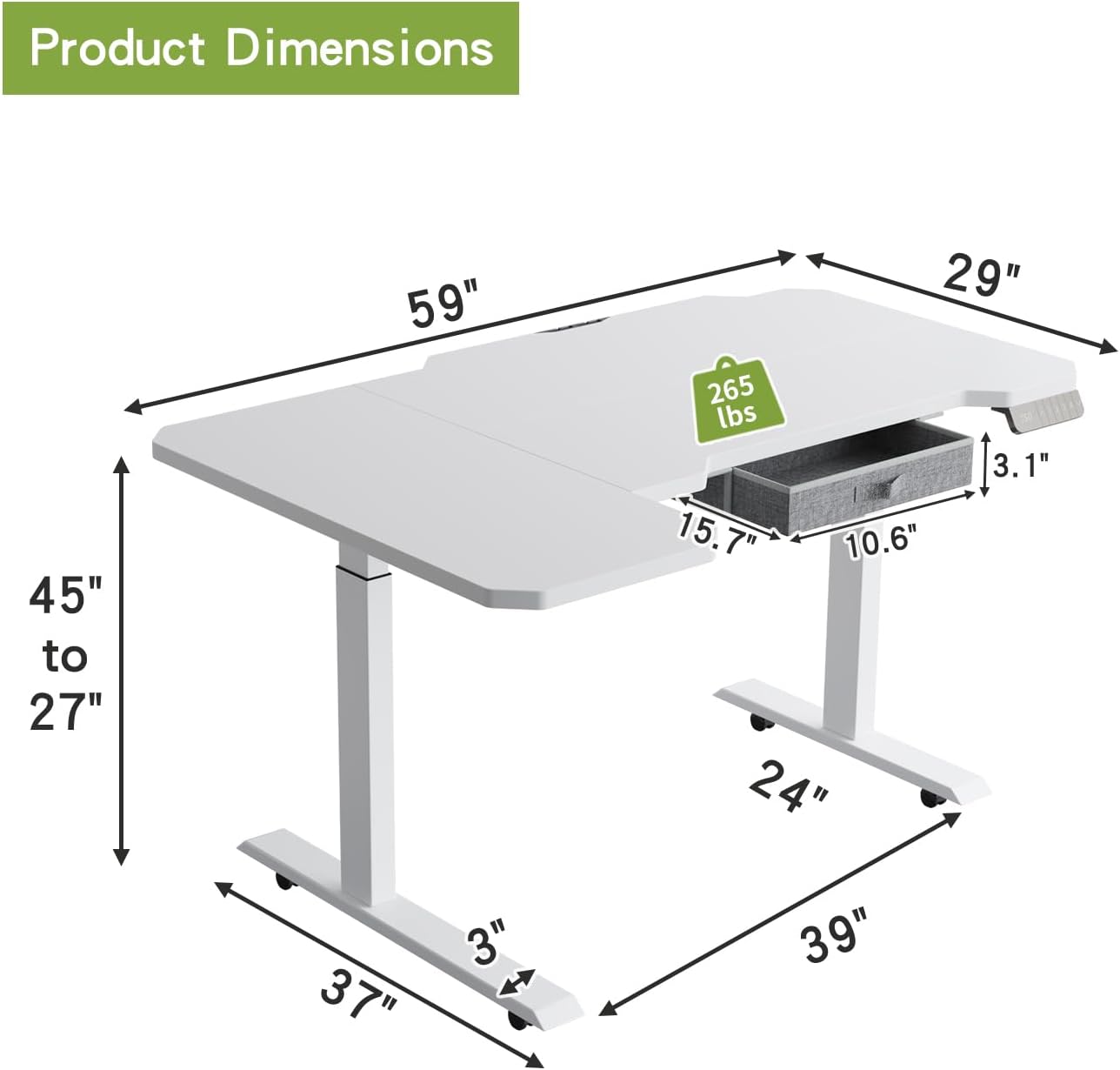Radlove 59" x 24" Premium Dual Motor L-Shaped Office Tables Adjustable Electric Sit and Stand for Worktops with Wheels, Brown, Black, Oak