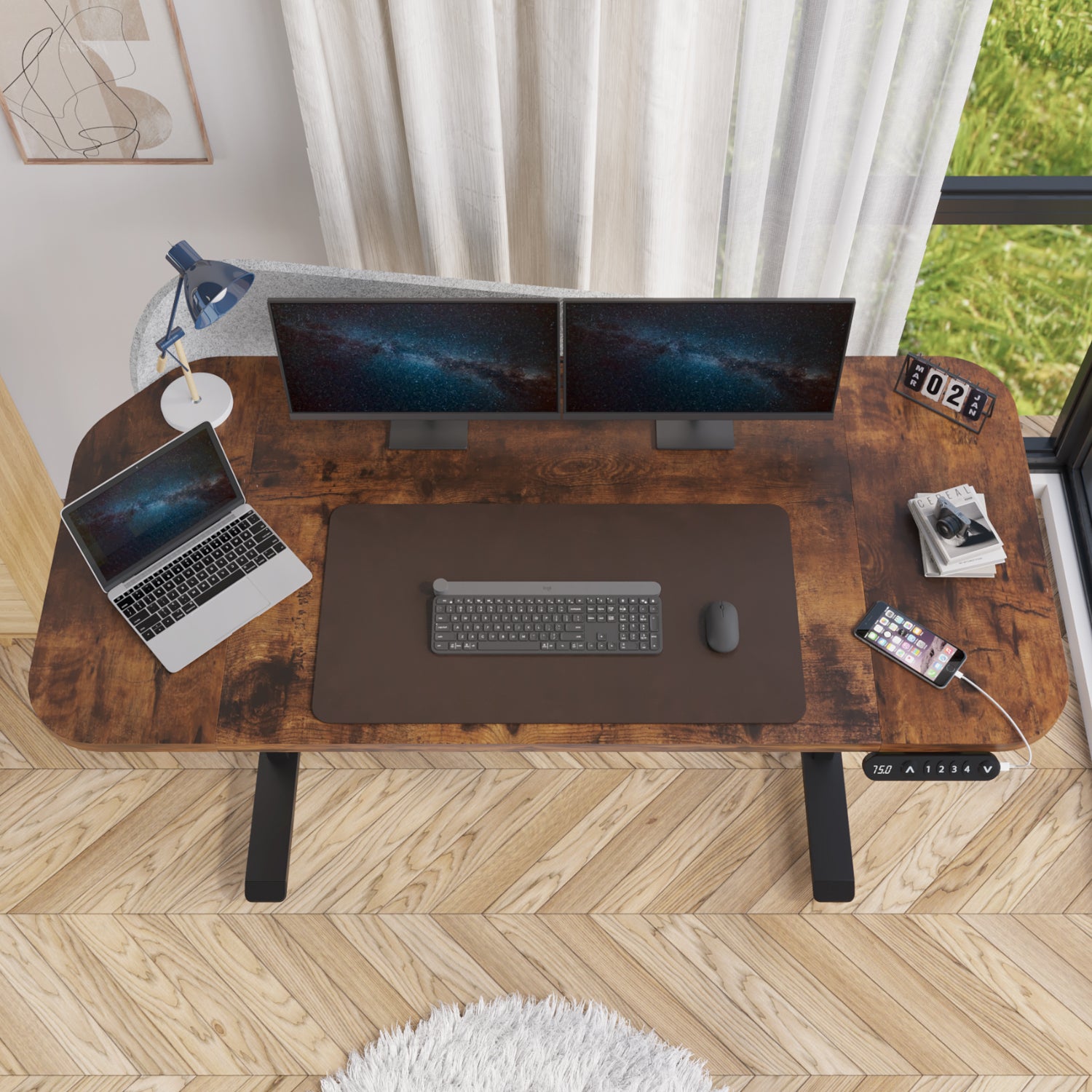 Radlove Electric Standing Desk with Power Strip & Privacy Screen(Gray), 63 Inch Workstation, Large Mouse Pad & 4-Preset Memory Buttons, Quiet Adjustable Desk for Dual Monitors