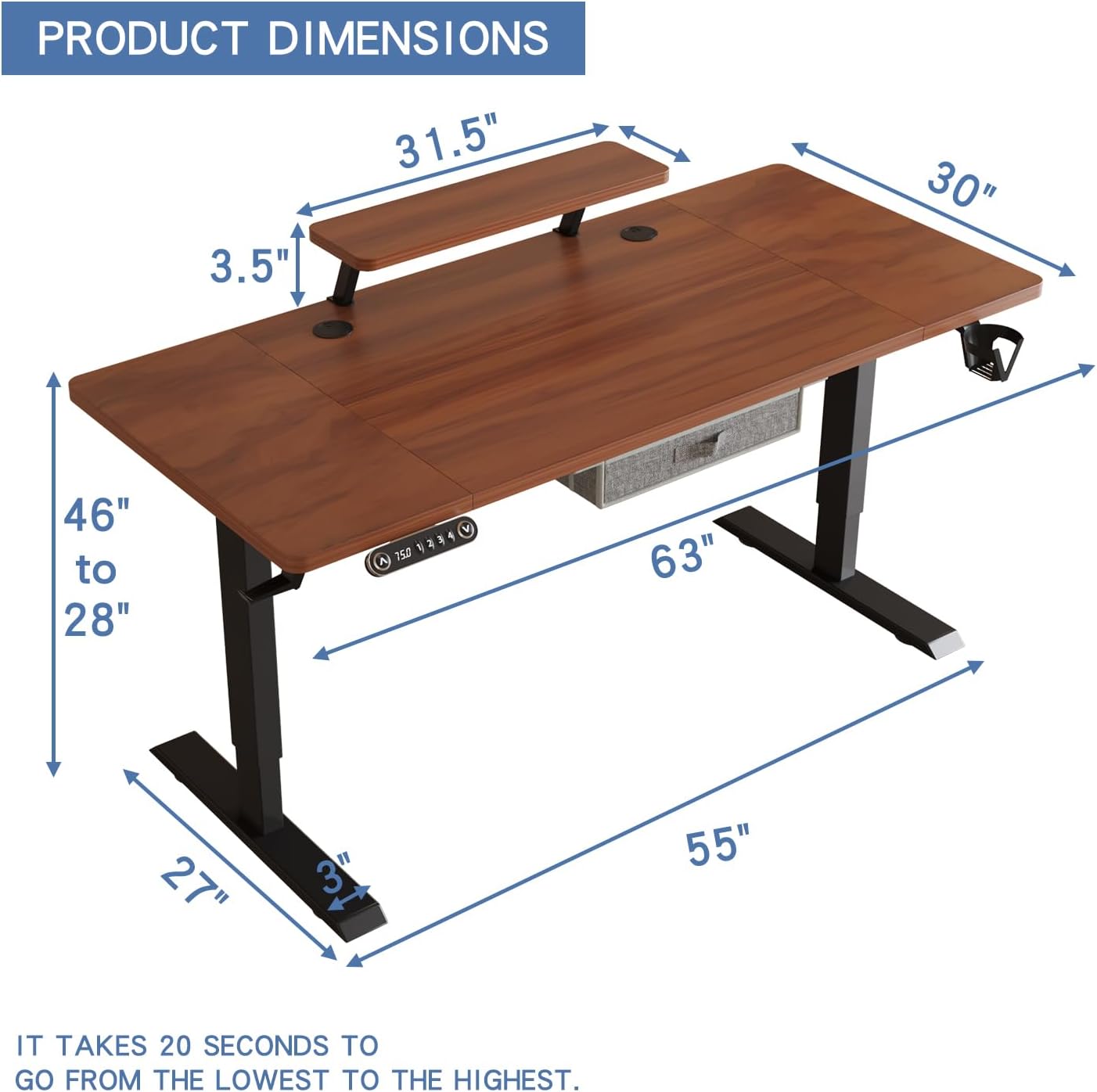 Radlove 55" x 30" Height Adjustable Electric Sit and Stand Office Desks for Worktops with Monitor Stand and Drawer