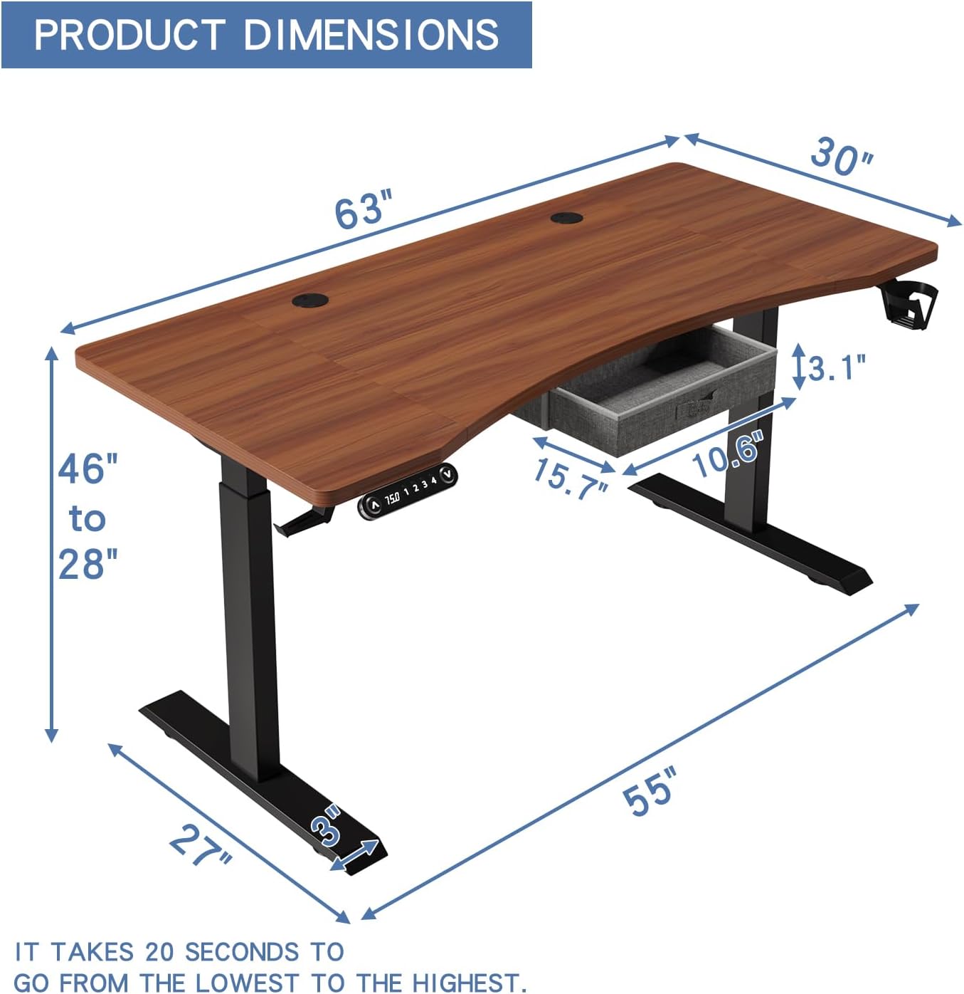 Radlove 63" x 30" Premium Dual Motor Height Adjustable Electric Sit and Stand for Work Benches with Drawer, Oak