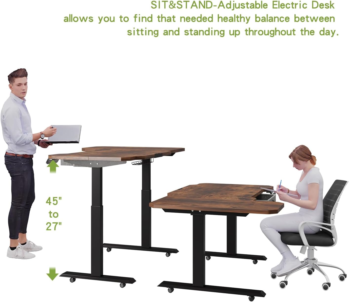 Radlove 59" x 24" Premium Dual Motor L-Shaped Office Tables Adjustable Electric Sit and Stand for Worktops with Wheels, Brown, Black, Oak