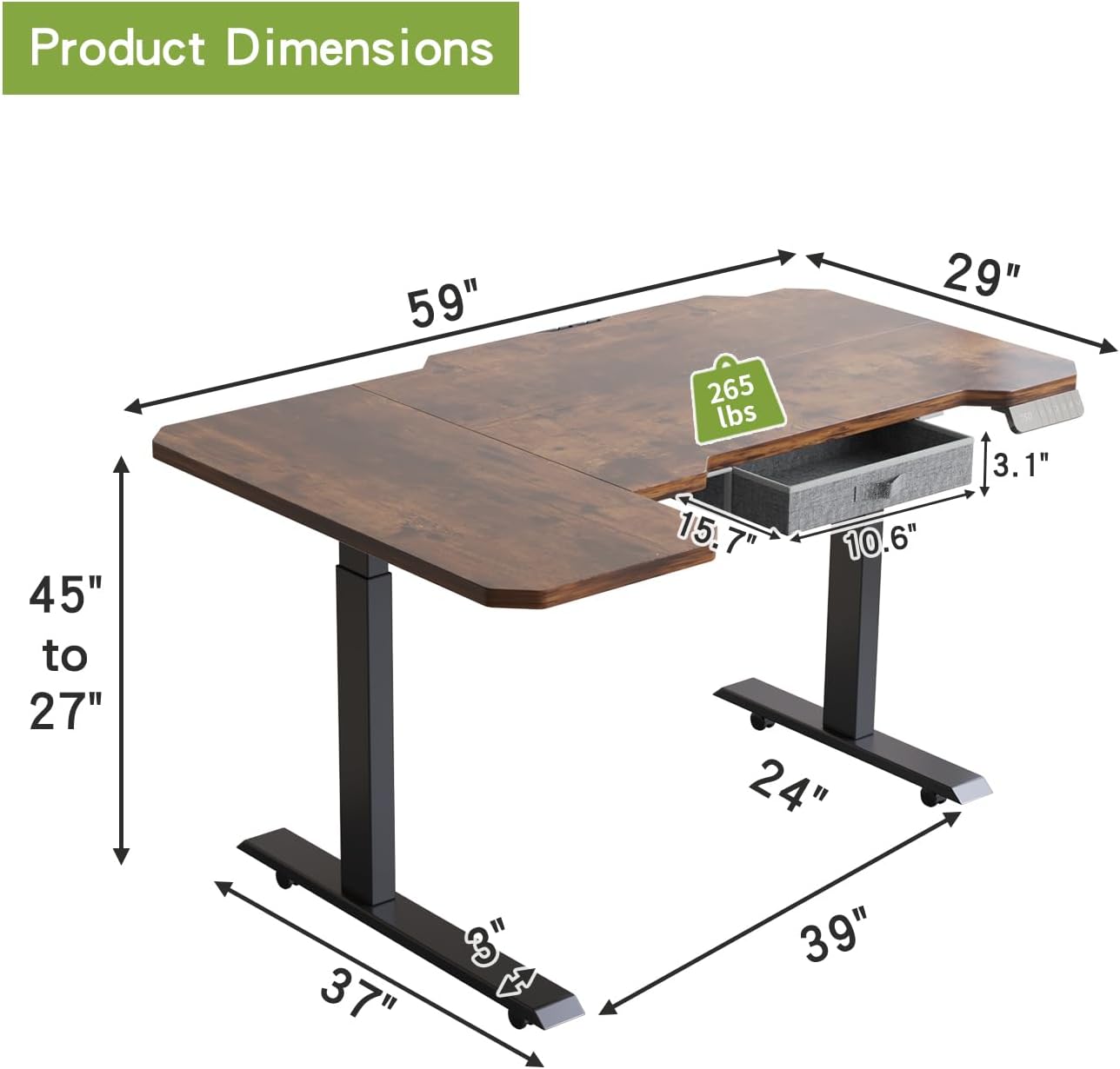 Radlove 59" x 24" Premium Dual Motor L-Shaped Office Tables Adjustable Electric Sit and Stand for Worktops with Wheels, Brown, Black, Oak