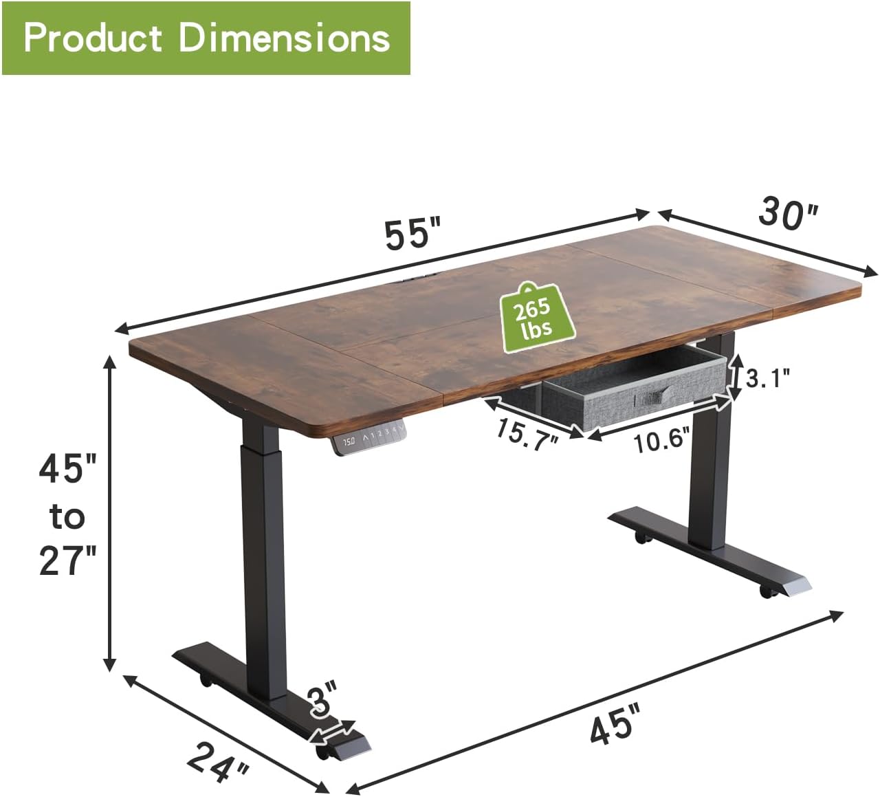 Radlove 63" x 30" Premium Dual Motor Height Adjustable Standing Desks for Worktops, Brown or White