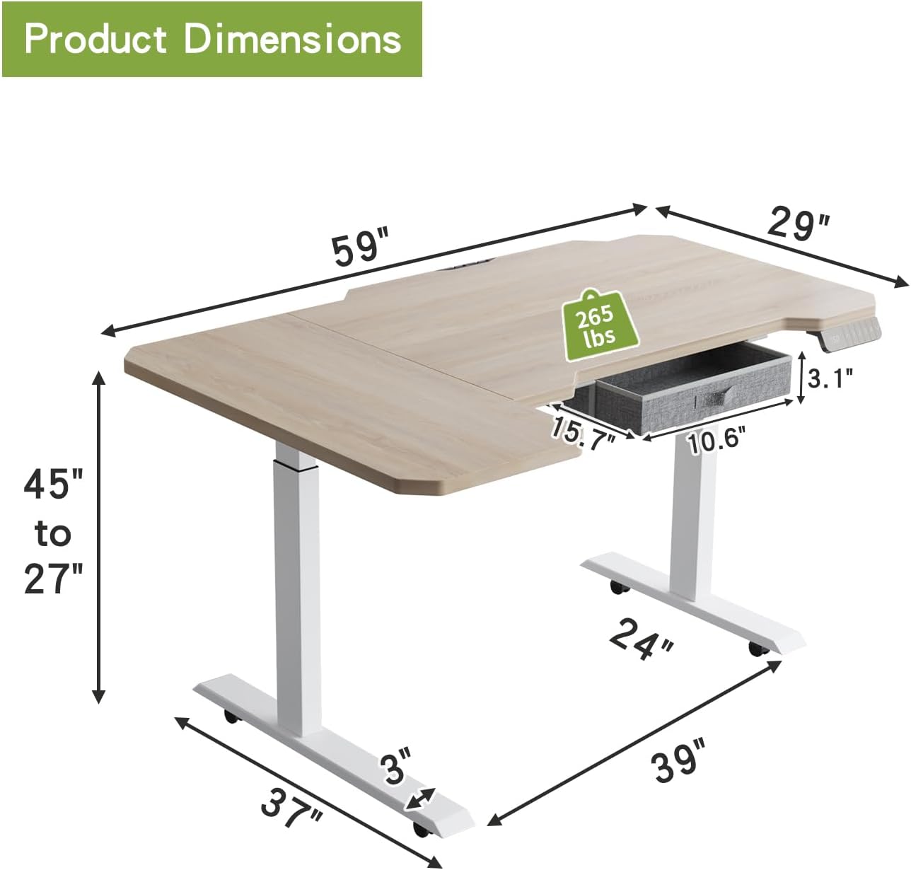 Radlove 59" x 24" Premium Dual Motor L-Shaped Office Tables Adjustable Electric Sit and Stand for Worktops with Wheels, Brown, Black, Oak