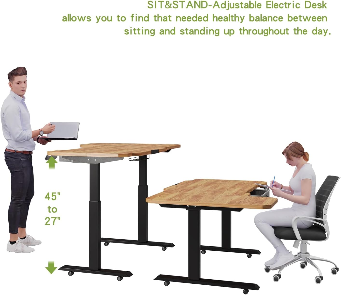 Radlove 59" x 24" Premium Dual Motor L-Shaped Office Tables Adjustable Electric Sit and Stand for Worktops with Wheels, Brown, Black, Oak