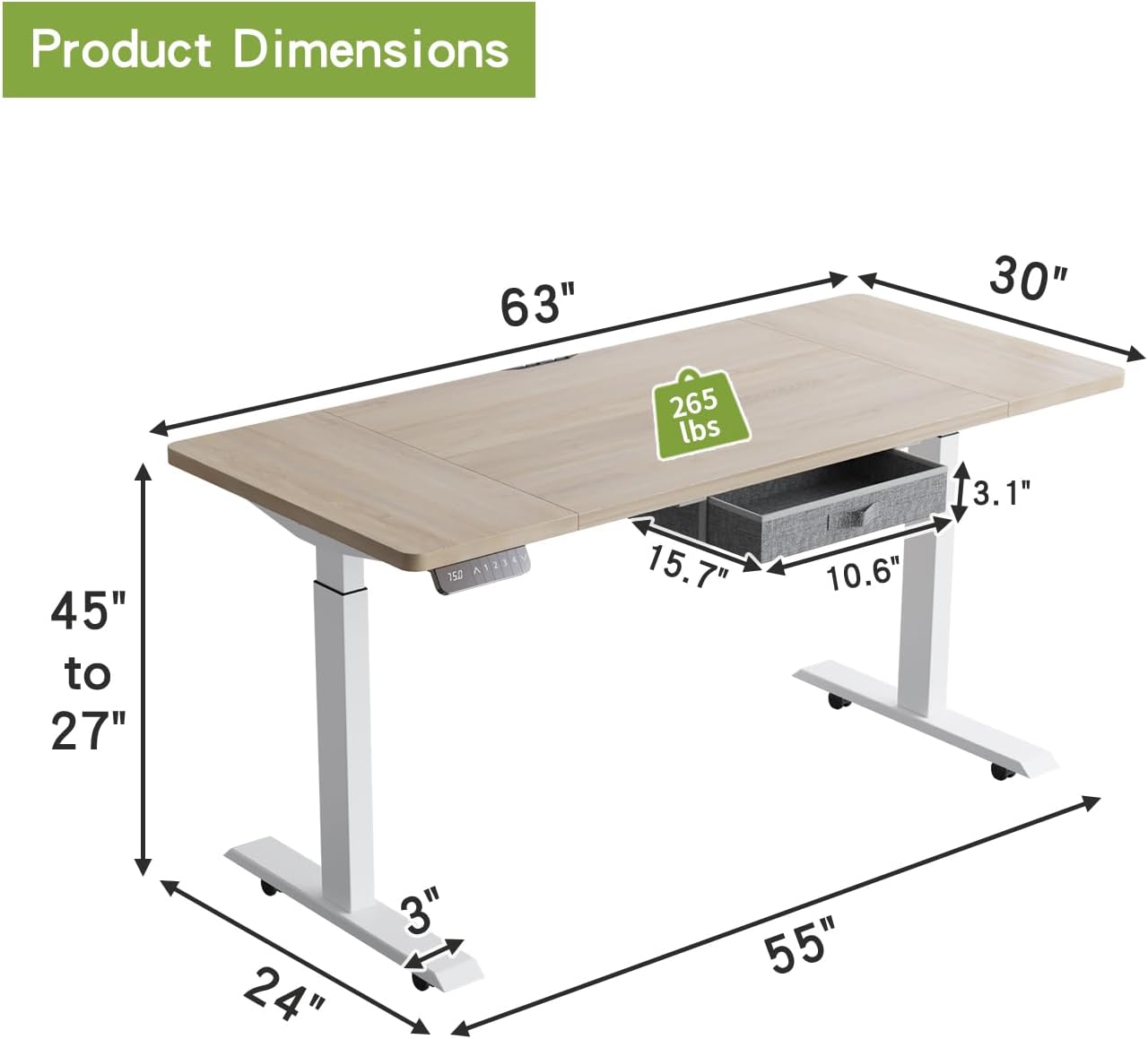Radlove 63" x 30" Premium Dual Motor Height Adjustable Standing Desks for Worktops, Brown or White