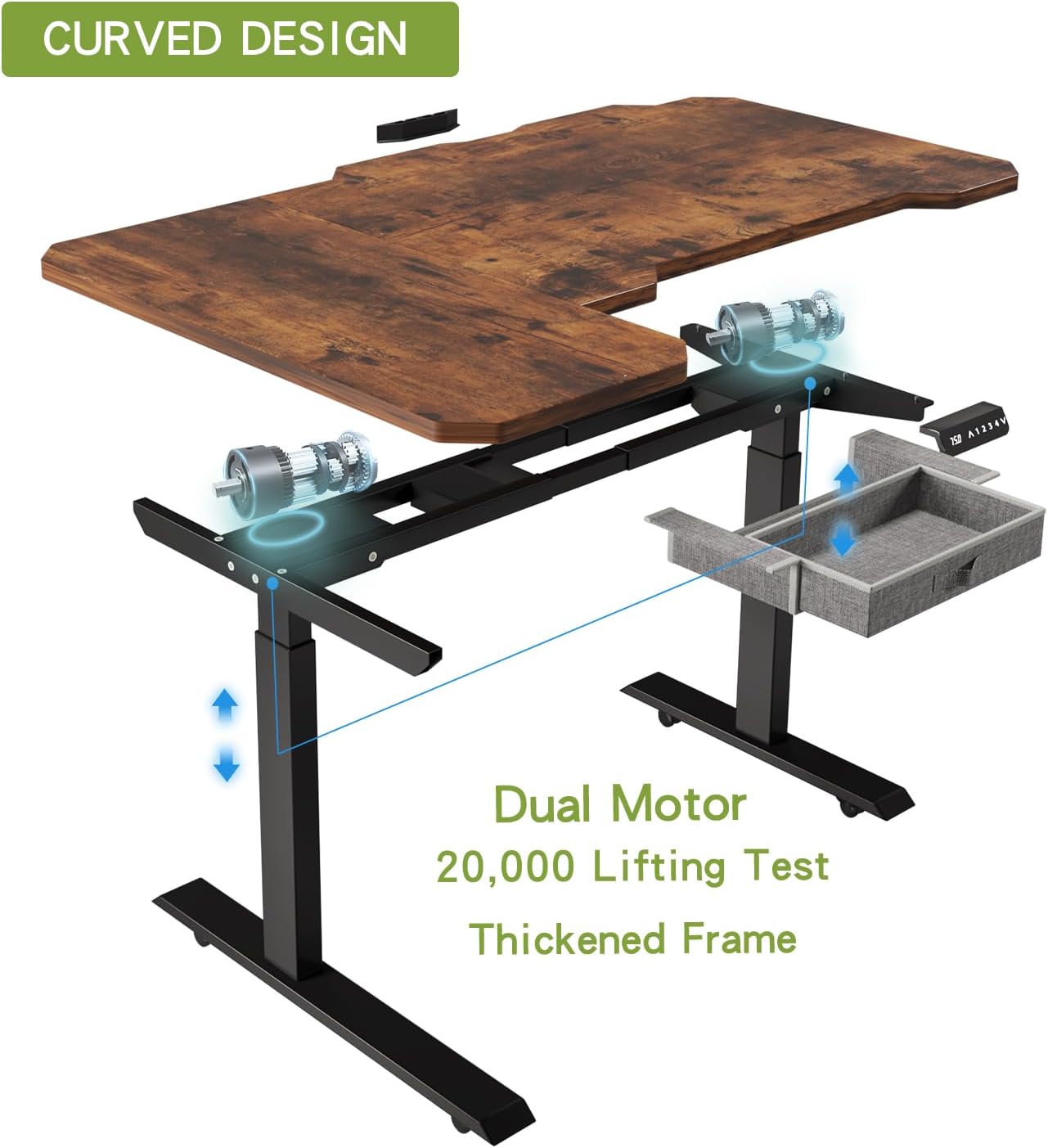 Radlove 59" x 24" Premium Dual Motor L-Shaped Office Tables Adjustable Electric Sit and Stand for Worktops with Wheels, Brown, Black, Oak