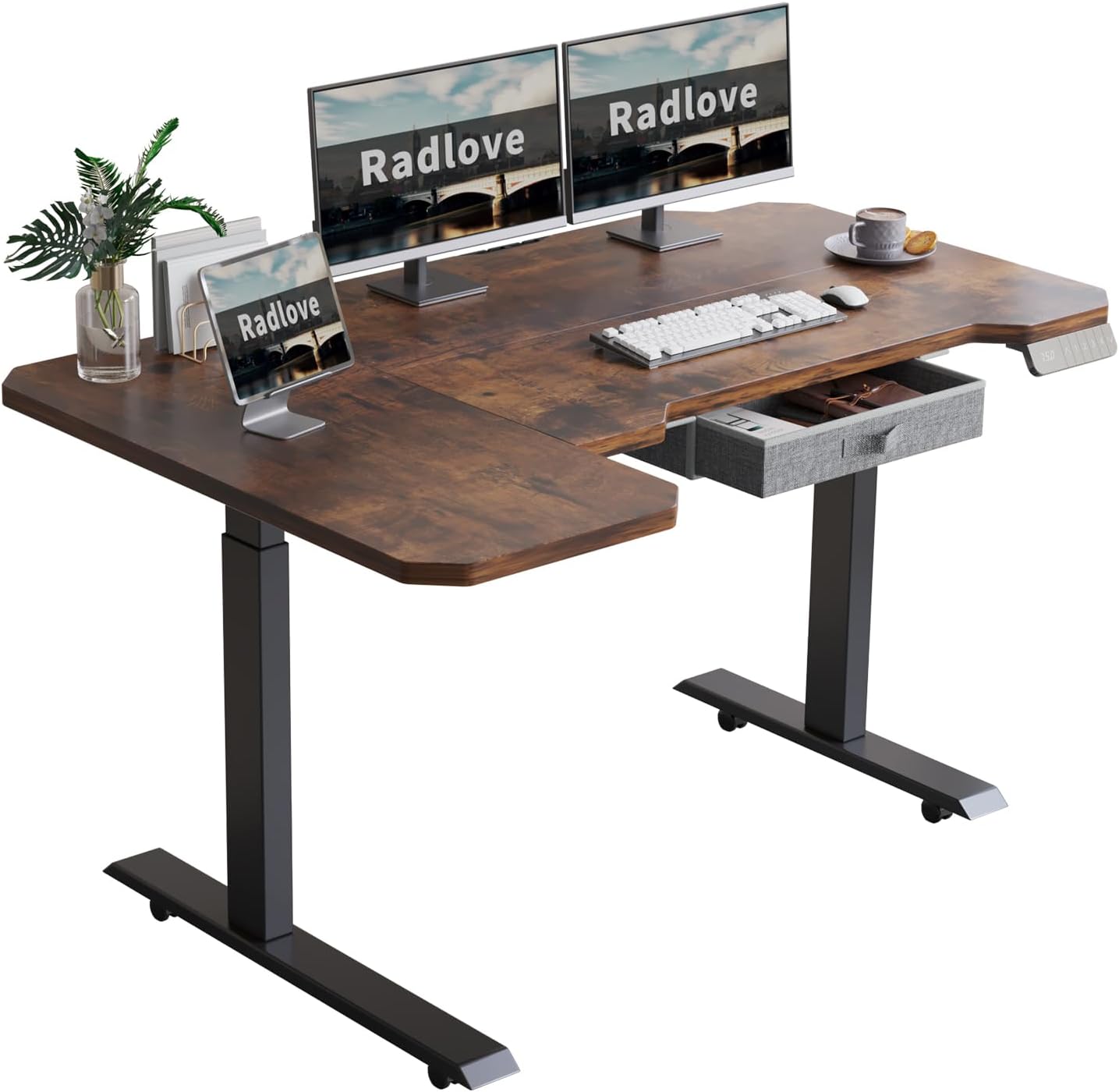 Radlove 59" x 24" Premium Dual Motor L-Shaped Office Tables Adjustable Electric Sit and Stand for Worktops with Wheels, Brown, Black, Oak