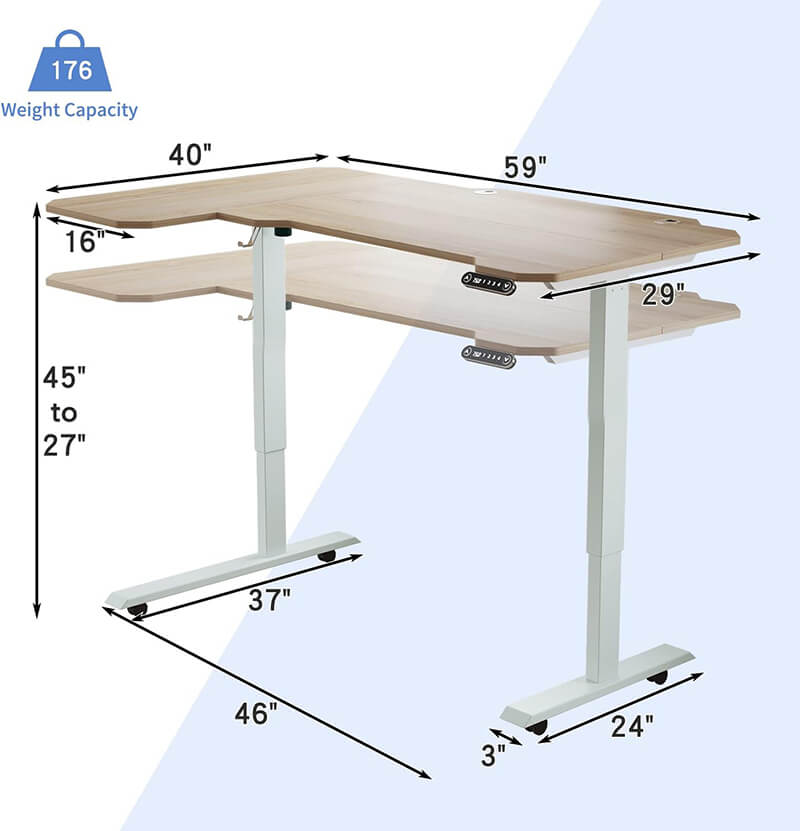 Radlove 59" x 24" Premium Dual Motor L-Shaped Office Tables Adjustable Electric Sit and Stand for Worktops with Wheels, Brown, Black, Oak