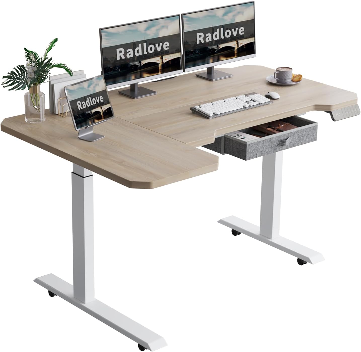 Radlove 59" x 24" Premium Dual Motor L-Shaped Office Tables Adjustable Electric Sit and Stand for Worktops with Wheels, Brown, Black, Oak