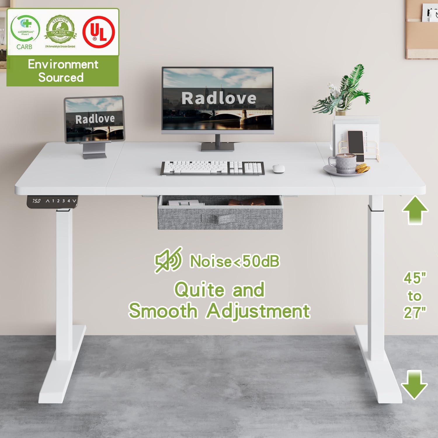 Radlove 63" x 30" Premium Dual Motor Height Adjustable Standing Desks for Worktops, Brown or White