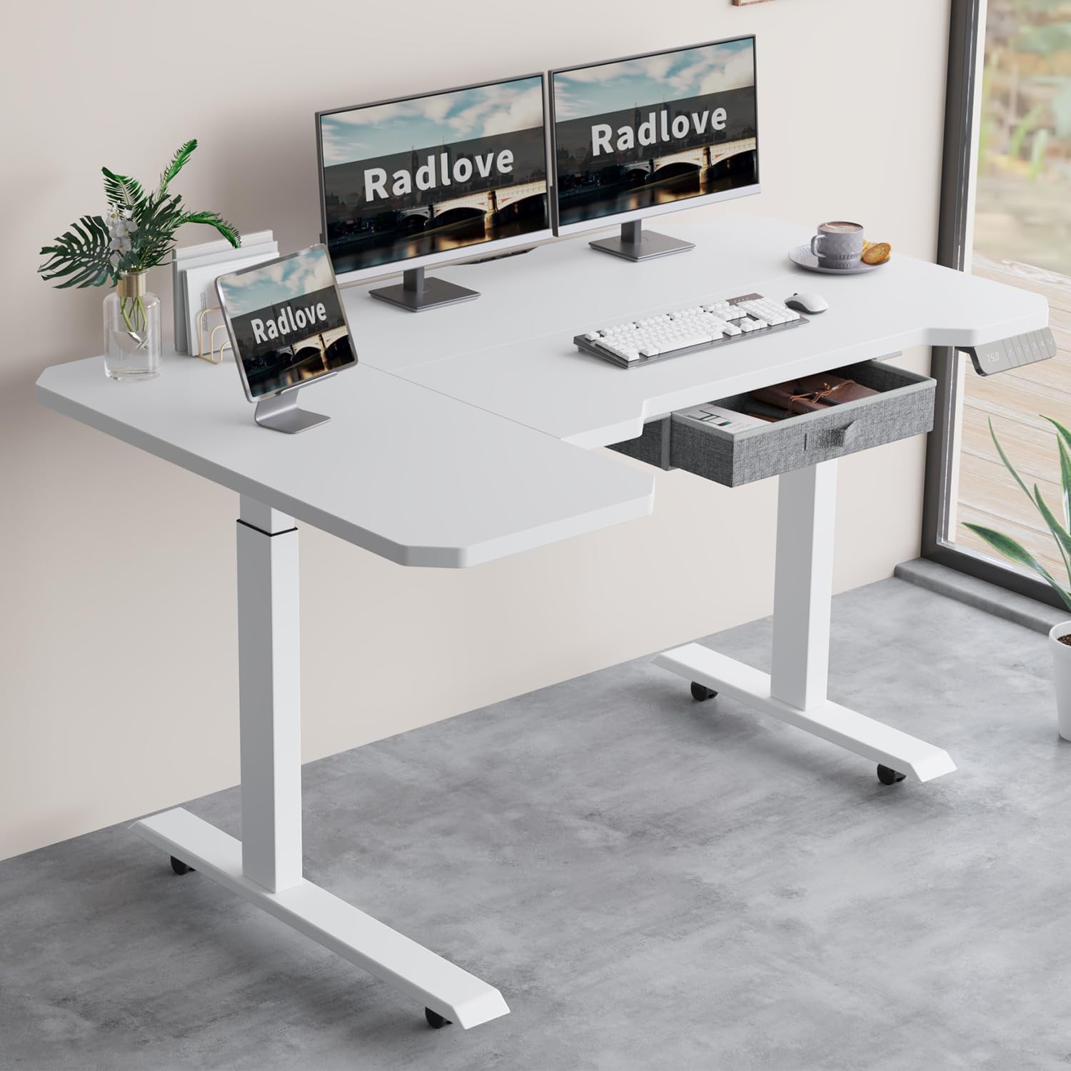 Radlove 59" x 24" Premium Dual Motor L-Shaped Office Tables Adjustable Electric Sit and Stand for Worktops with Wheels, Brown, Black, Oak