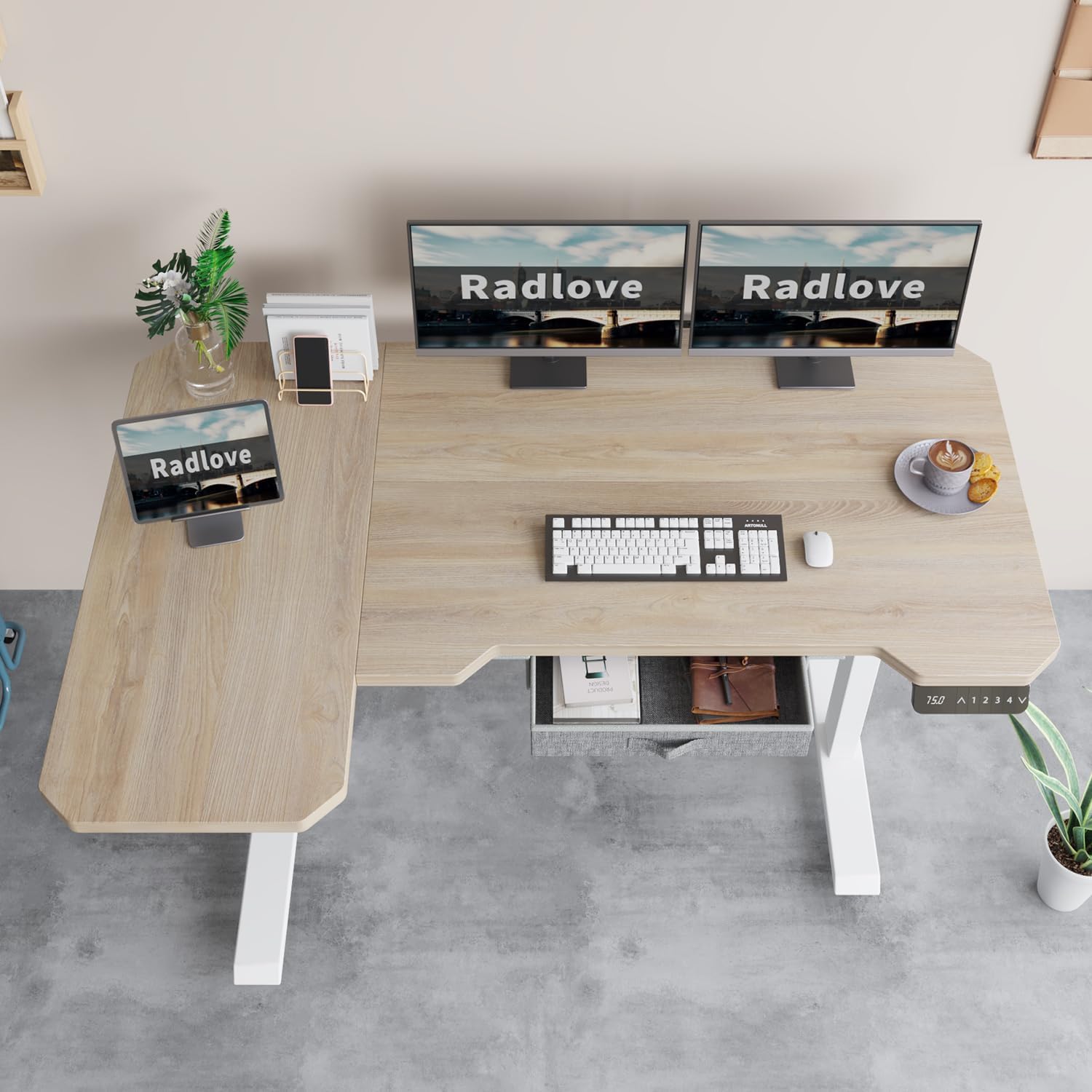 Radlove 59" x 24" Premium Dual Motor L-Shaped Office Tables Adjustable Electric Sit and Stand for Worktops with Wheels, Brown, Black, Oak