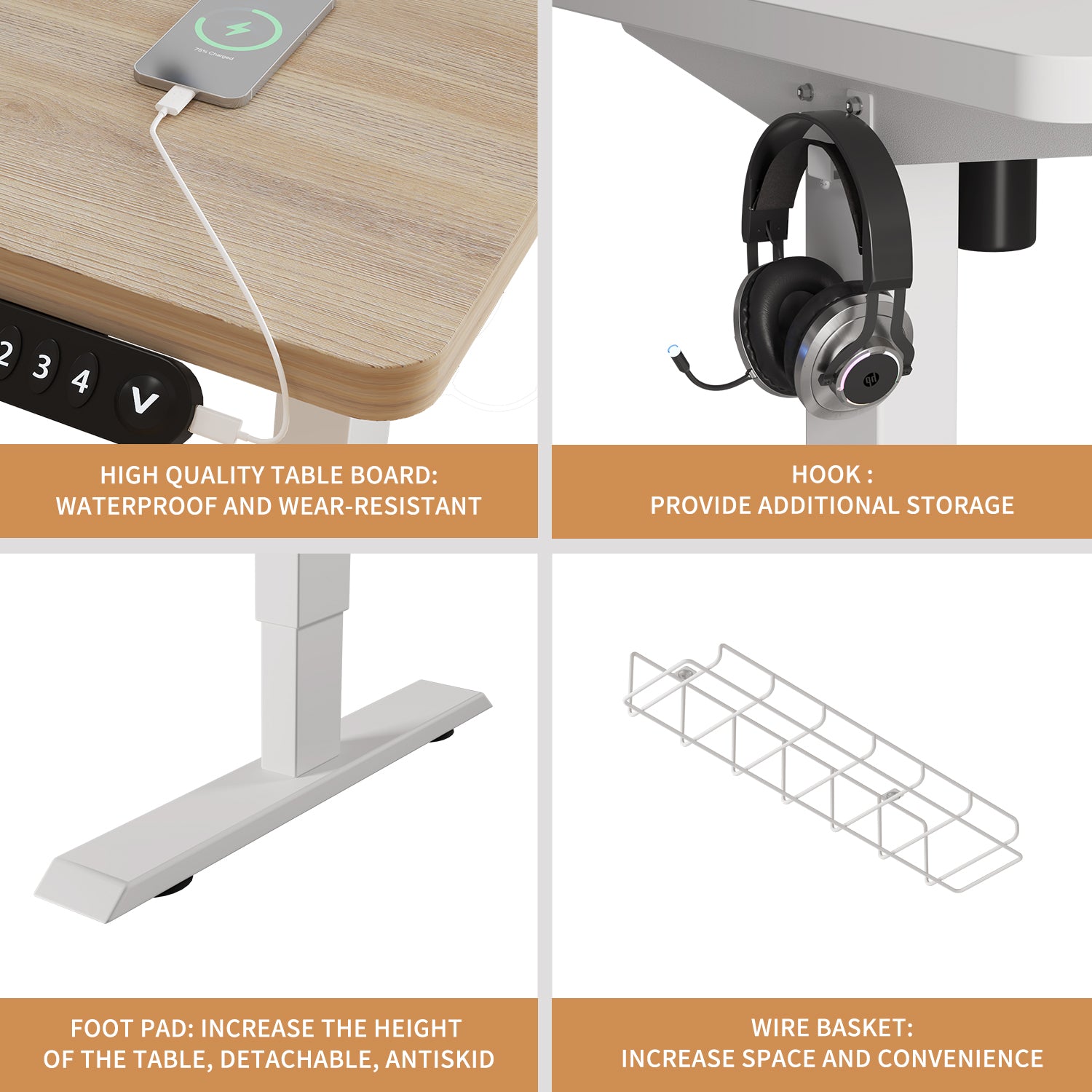 Radlove 48" x 24" Electric Standing Desks, Height Adjustable Office Tables with Splice Board and A Under Desk Cable Management Tray with Wheels, Brown or Oak