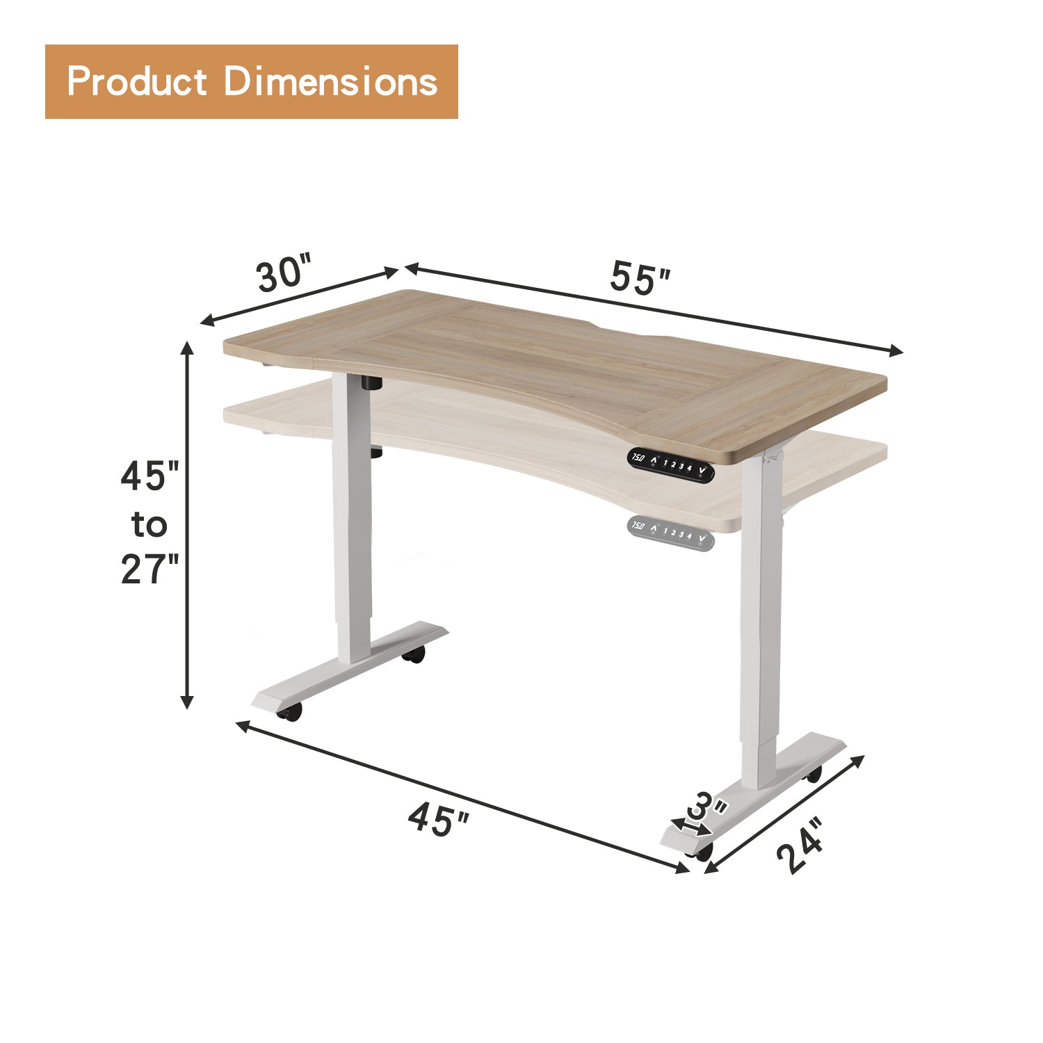 Radlove 55"x 30" Standing Desk Electric Height Adjustable Office Tables for Work Benches with Wheels, Oak or Brown