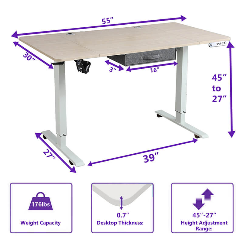 Radlove 55" x 30" Height Adjustable Electric Sit and Stand Office Desks for Worktops with Drawer
