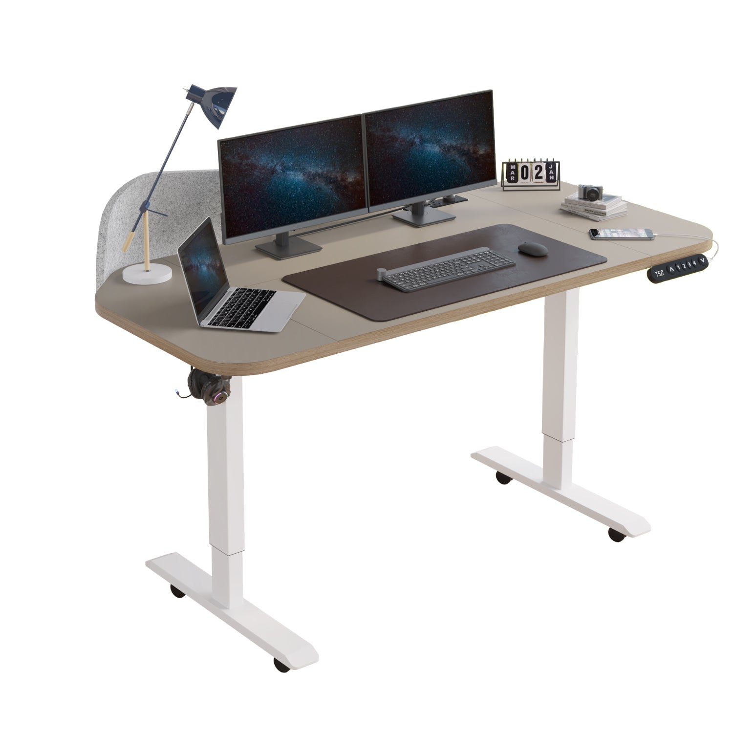 Radlove Electric Standing Desk with Power Strip & Privacy Screen(Gray), 63 Inch Workstation, Large Mouse Pad & 4-Preset Memory Buttons, Quiet Adjustable Desk for Dual Monitors