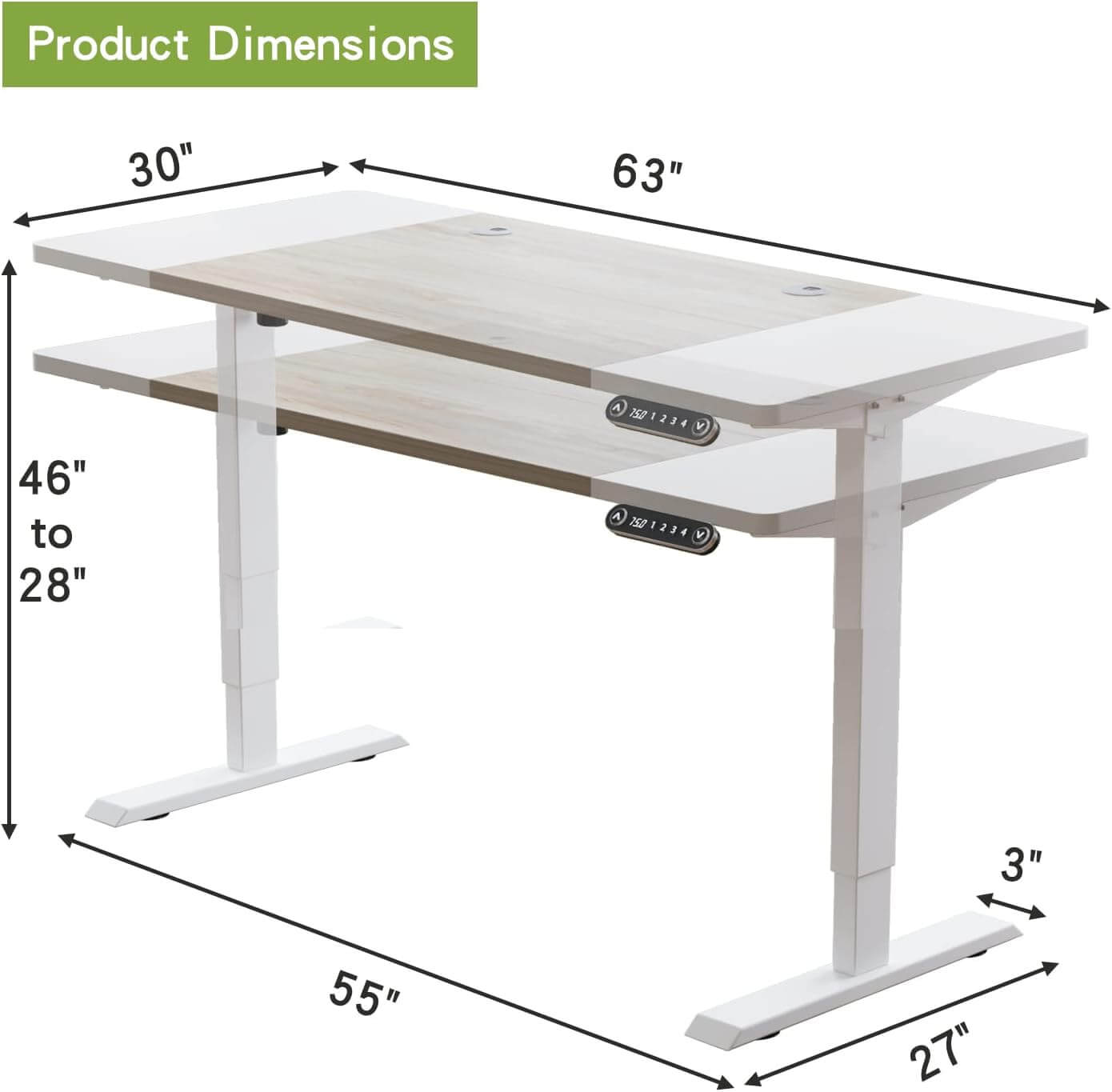 Radlove 63" x 30" Standing Adjustable Height Office Desks Splice Board for Work Benches, White or Brown