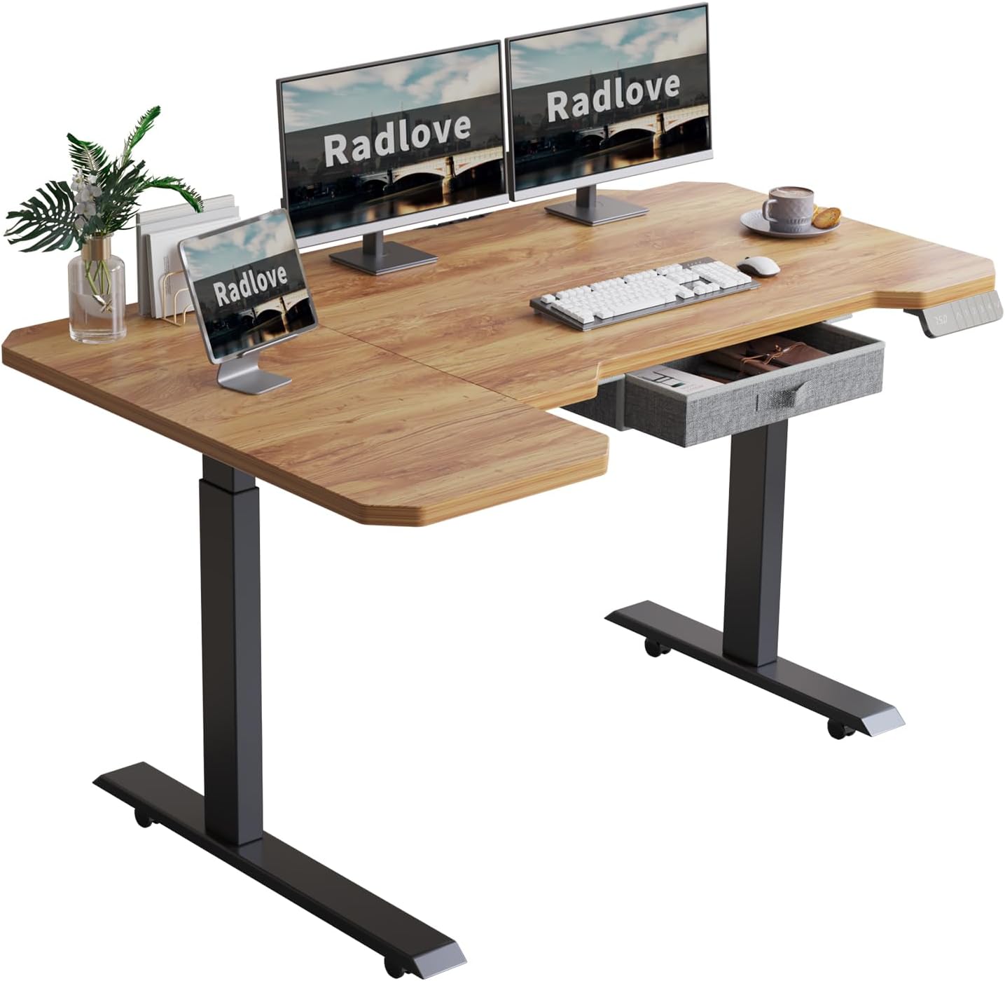 Radlove 59" x 24" Premium Dual Motor L-Shaped Office Tables Adjustable Electric Sit and Stand for Worktops with Wheels, Brown, Black, Oak