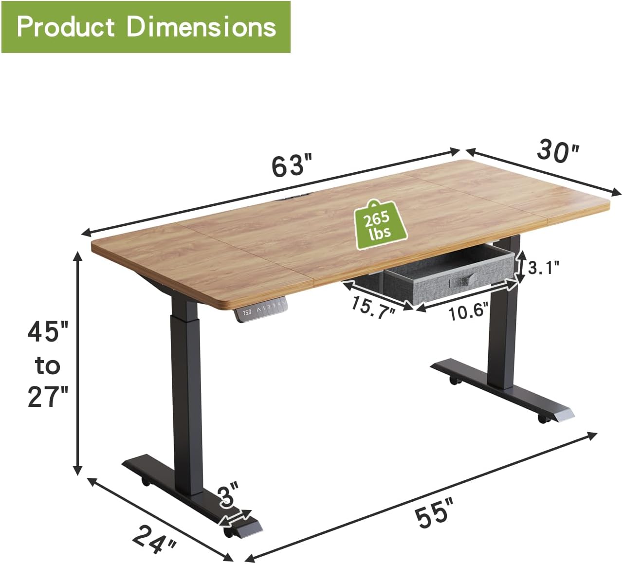 Radlove 63" x 30" Premium Dual Motor Height Adjustable Standing Desks for Worktops, Brown or White