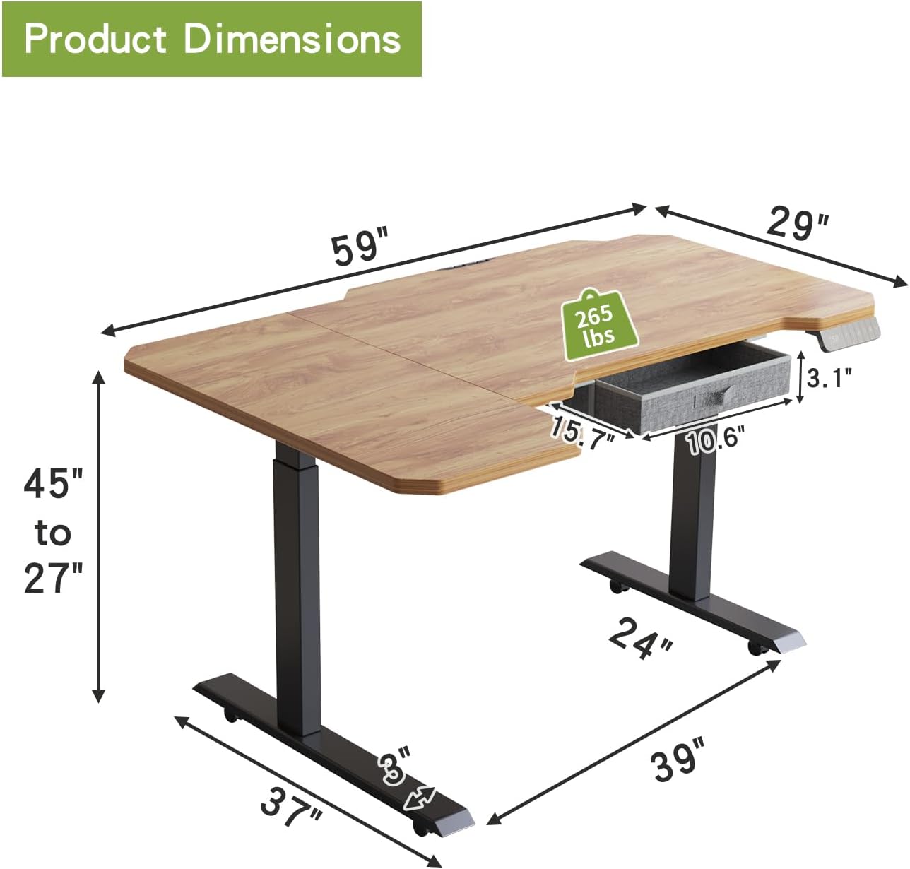 Radlove 59" x 24" Premium Dual Motor L-Shaped Office Tables Adjustable Electric Sit and Stand for Worktops with Wheels, Brown, Black, Oak