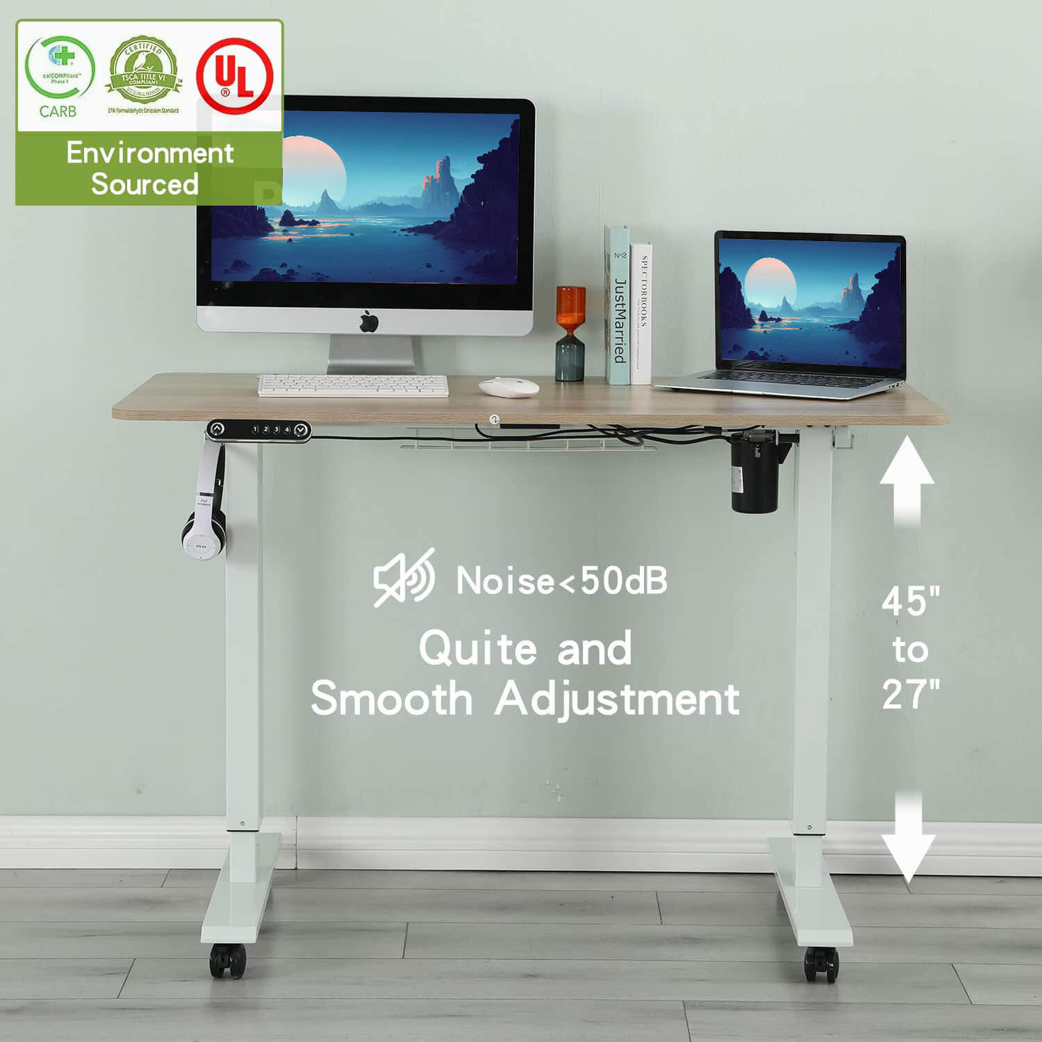 Radlove 48" x 24" Electric Standing Desks, Height Adjustable Office Tables with Splice Board and A Under Desk Cable Management Tray with Wheels, Brown or Oak