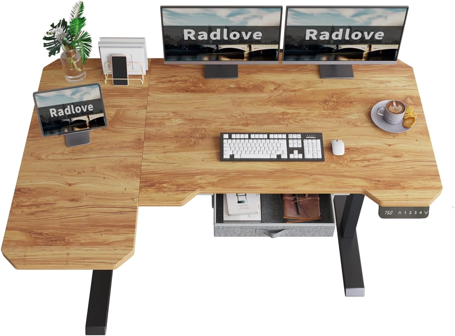 Radlove 59" x 24" Premium Dual Motor L-Shaped Office Tables Adjustable Electric Sit and Stand for Worktops with Wheels, Brown, Black, Oak