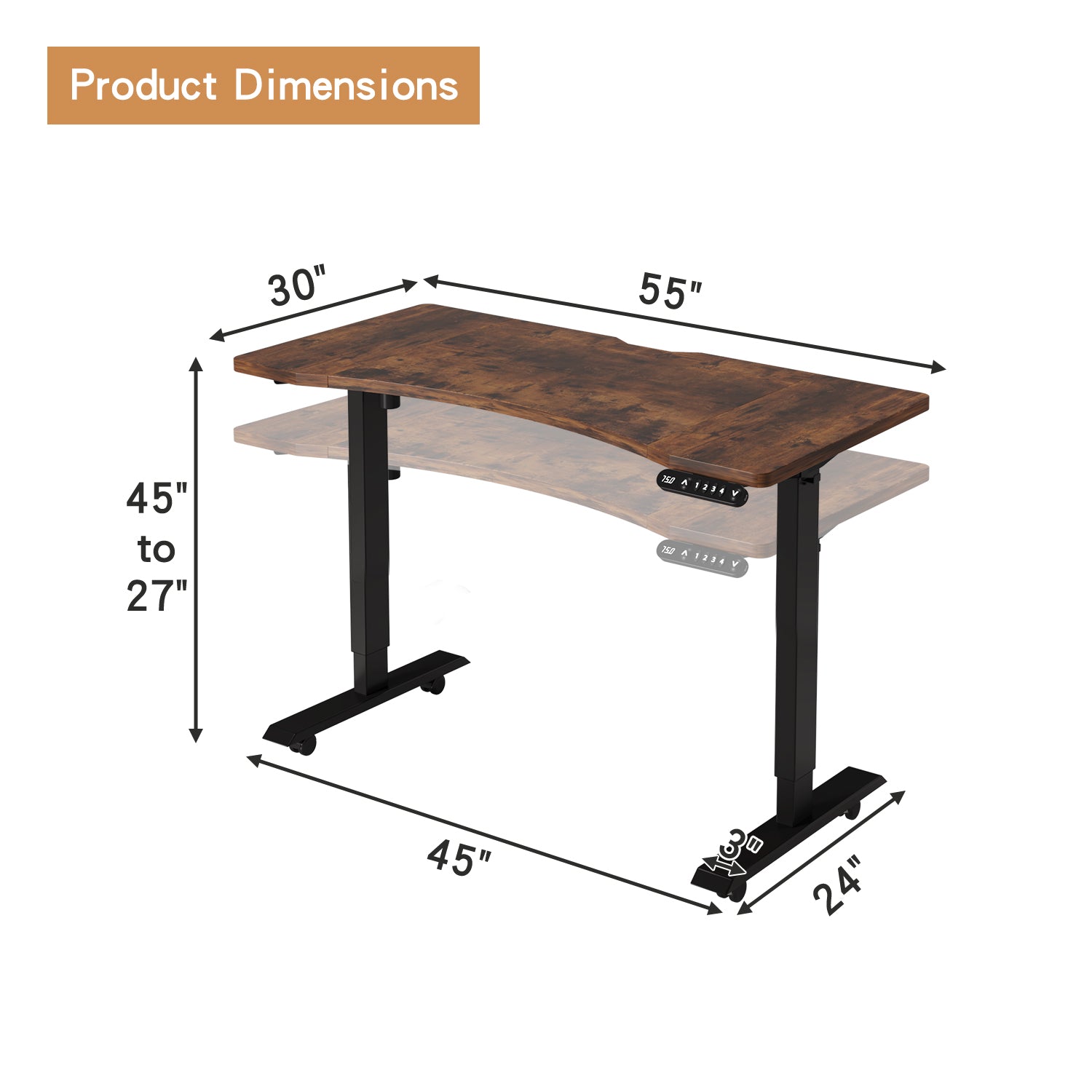 Radlove 55"x 30" Standing Desk Electric Height Adjustable Office Tables for Work Benches with Wheels, Oak or Brown